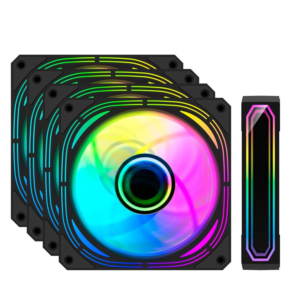 Se muestran varios ventiladores de computadora negros con luces LED de colores. Un ventilador es vertical. Las luces muestran colores del arcoíris.