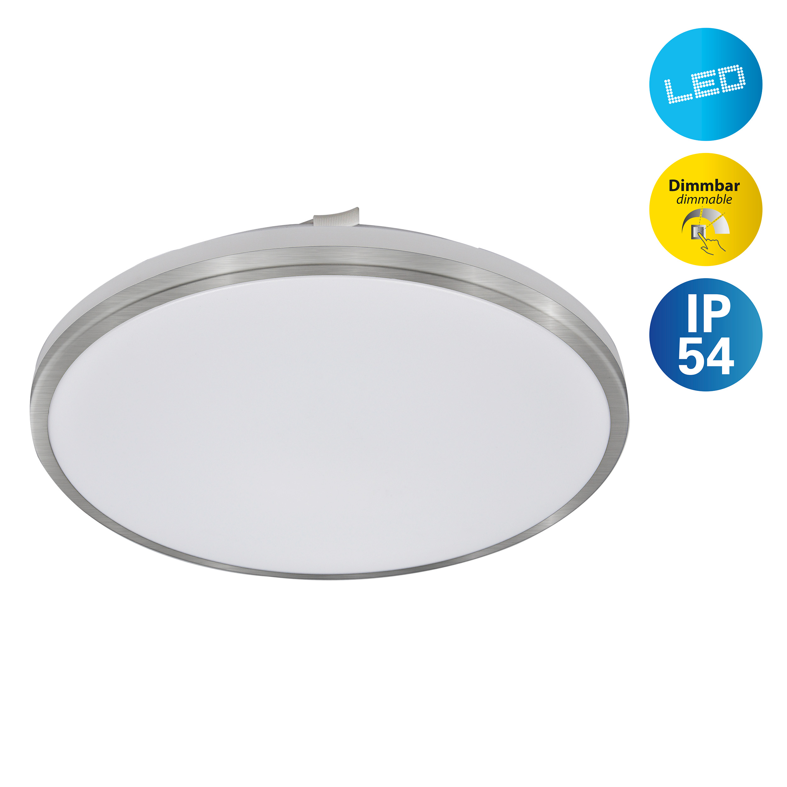 Eine runde LED-Deckenleuchte mit weißer Oberfläche und Metallrand. Die Lampe hat dimmbare und IP54-Etiketten.
