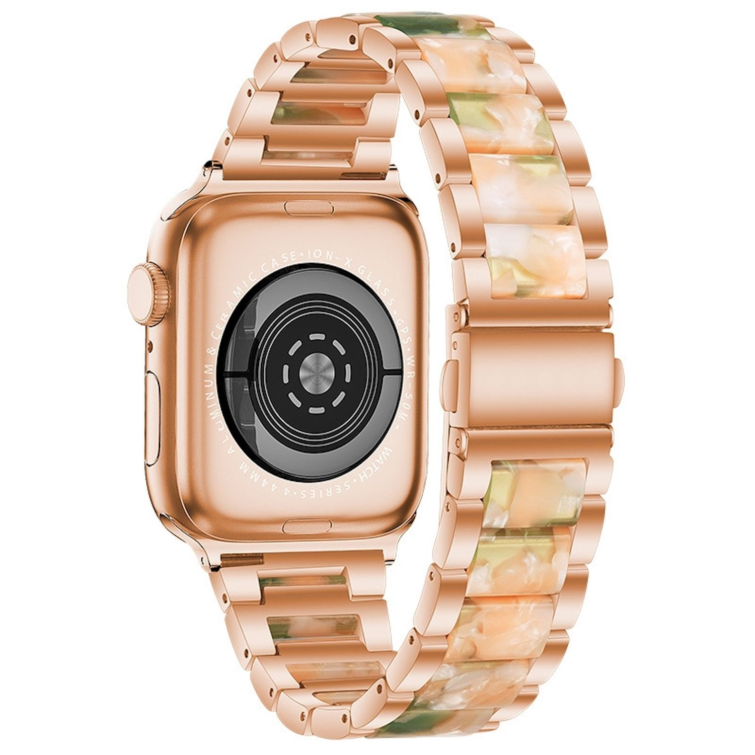 Roségoldene Apple Watch mit marmoriertem Armband. Die Rückseite der Uhr mit Sensoren und Text ist sichtbar.