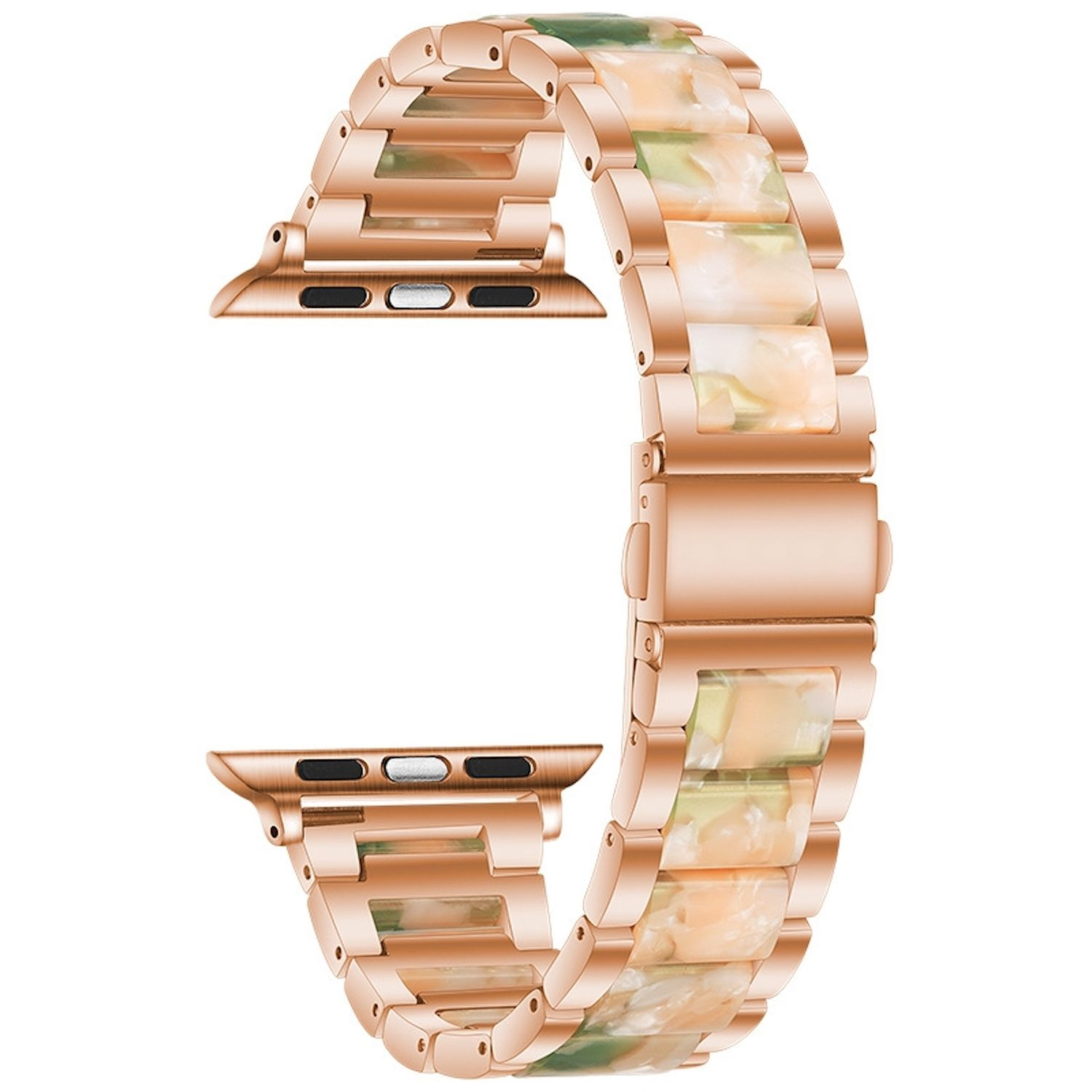 Roségoldenes Uhrenarmband mit marmorierten Gliedern in Creme, Grün und Pfirsich. Das Armband ist halbkreisförmig gebogen.