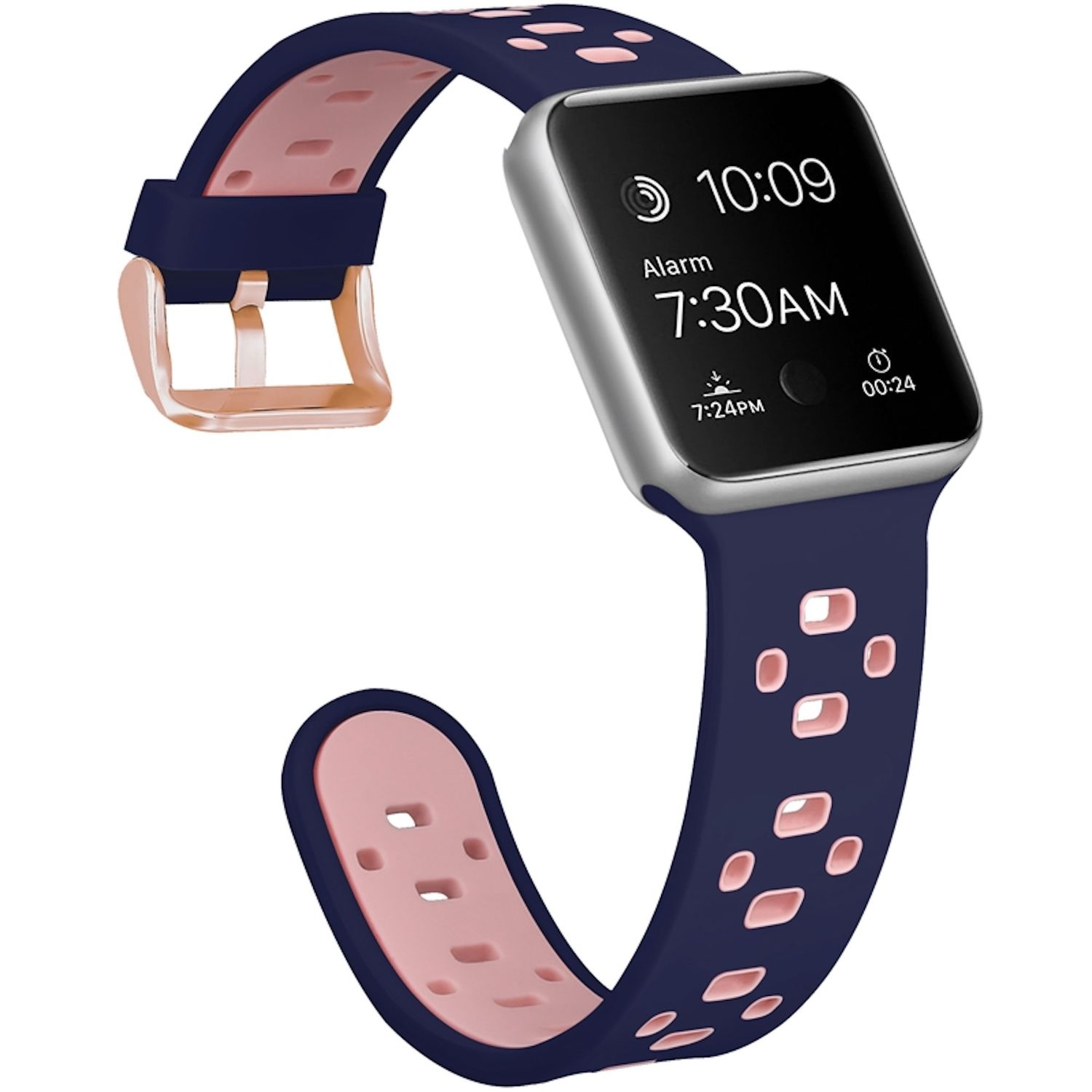 Eine Smartwatch mit dunkelblauem Armband und rosa Innenraum. Die Uhr zeigt 10:09, Alarm um 7:30 Uhr und 19:24 Uhr.