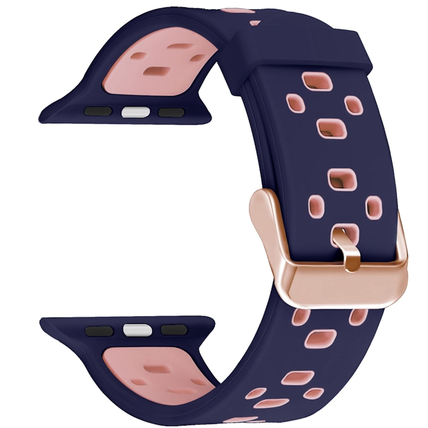 Ein marineblaues und rosa Uhrenarmband mit einer goldenen Schnalle. Das Band hat Ausschnitte. Das Rosa ist durch die Ausschnitte sichtbar.