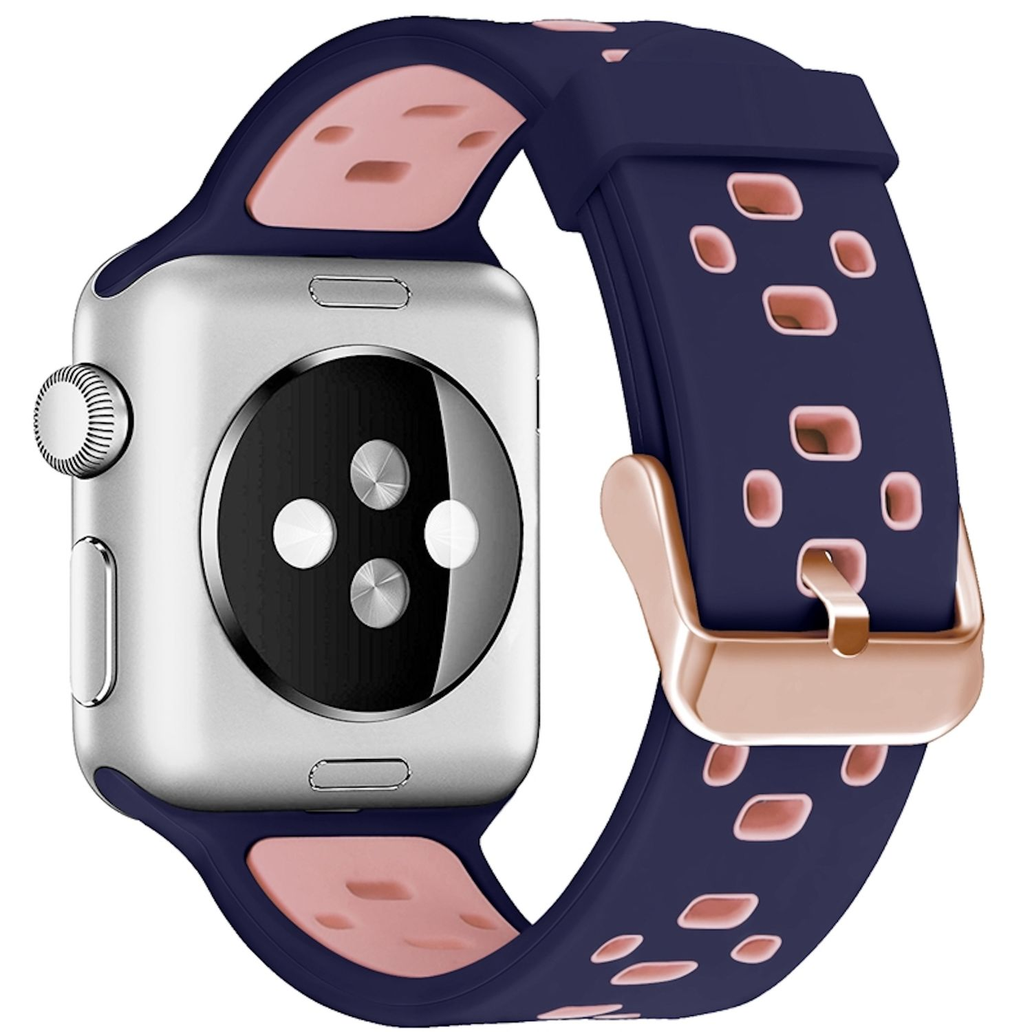 Eine Apple Watch mit einem marineblauen und rosa Armband. Das Zifferblatt ist silberfarben.