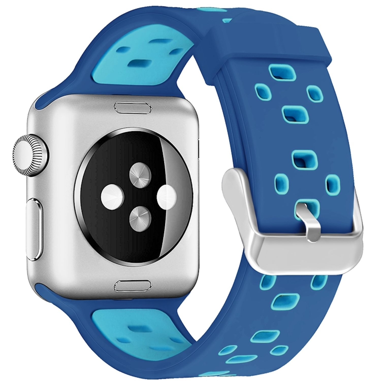 Eine silberne Apple Watch mit einem blau-hellblauen Armband. Das Armband hat Löcher und eine silberne Schnalle. Das Zifferblatt ist schwarz.