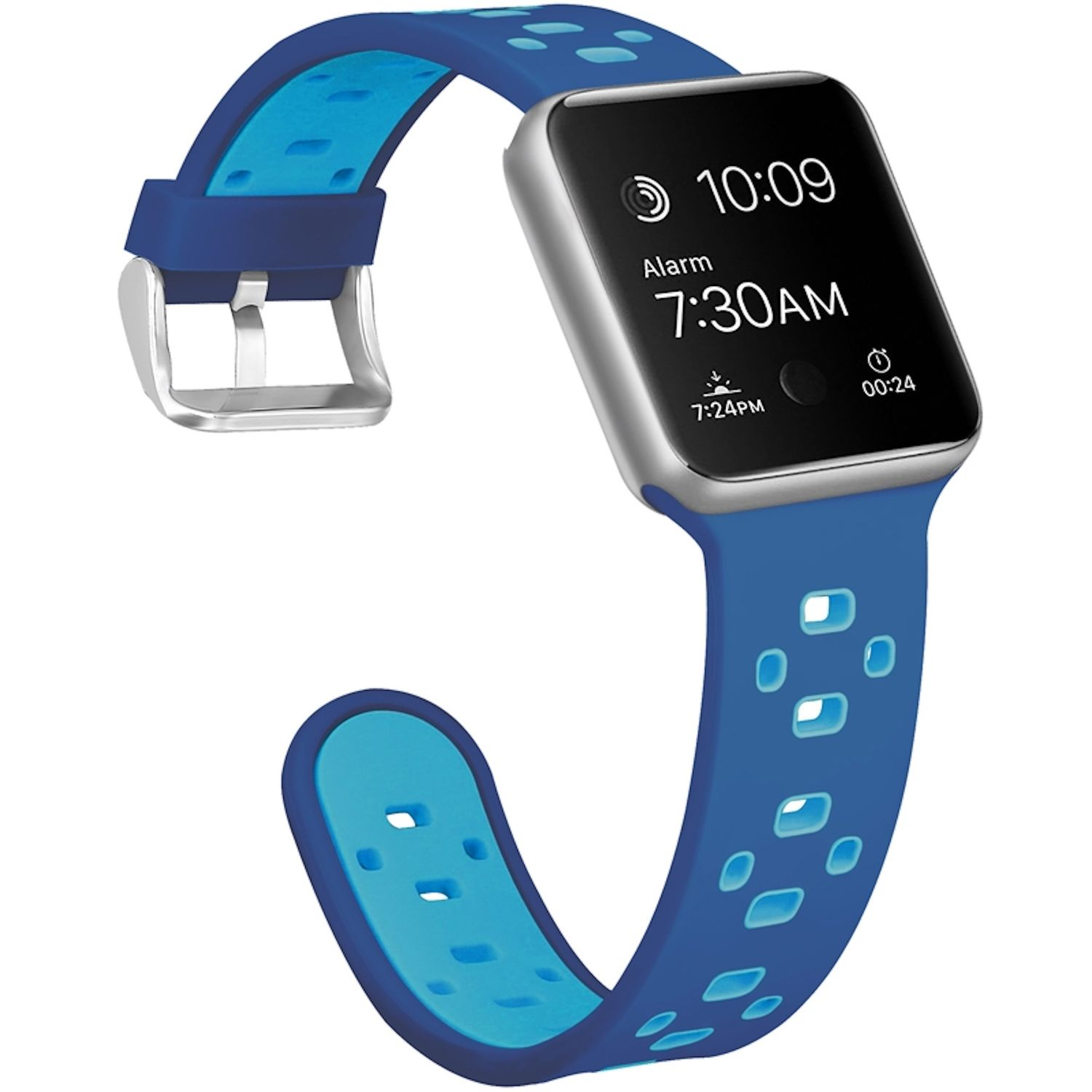 Eine blaue Smartwatch mit silbernem Rahmen. Die Uhr zeigt 10:09 an, mit einem Alarm um 7:30 Uhr. Das Armband ist blau und türkis.