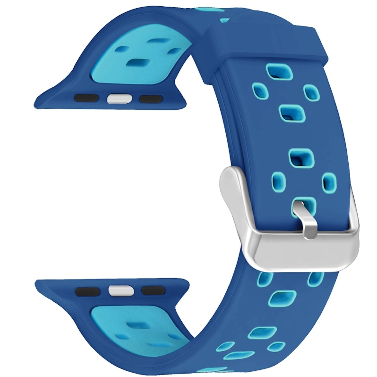 Blaues und hellblaues Uhrenarmband. Es hat Löcher für die Atmungsaktivität und eine silberne Schnalle.