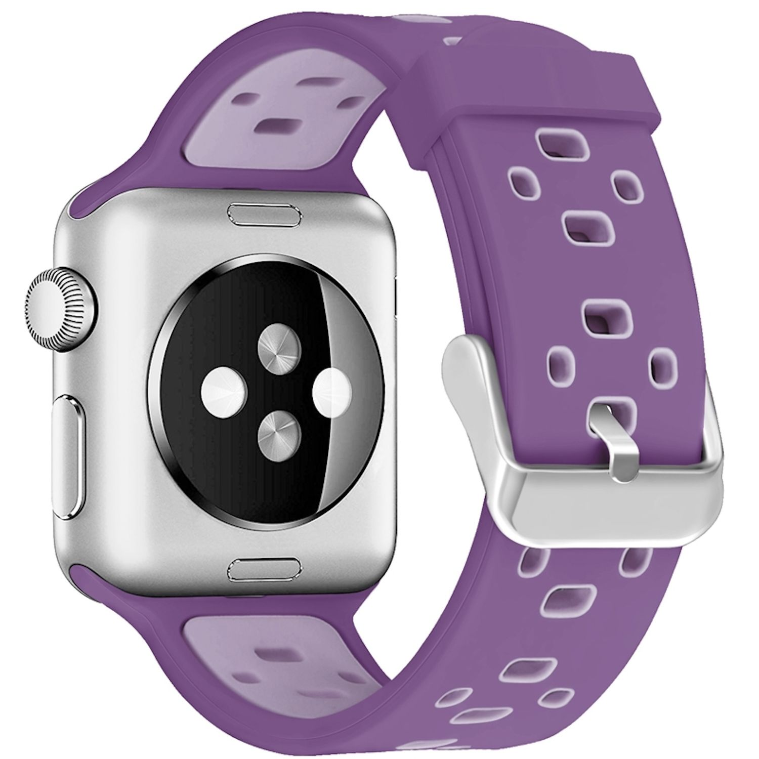 Silberne Apple Watch mit lila Armband. Das Armband hat Löcher und eine silberne Schnalle. Die Rückseite der Uhr ist schwarz und silber.