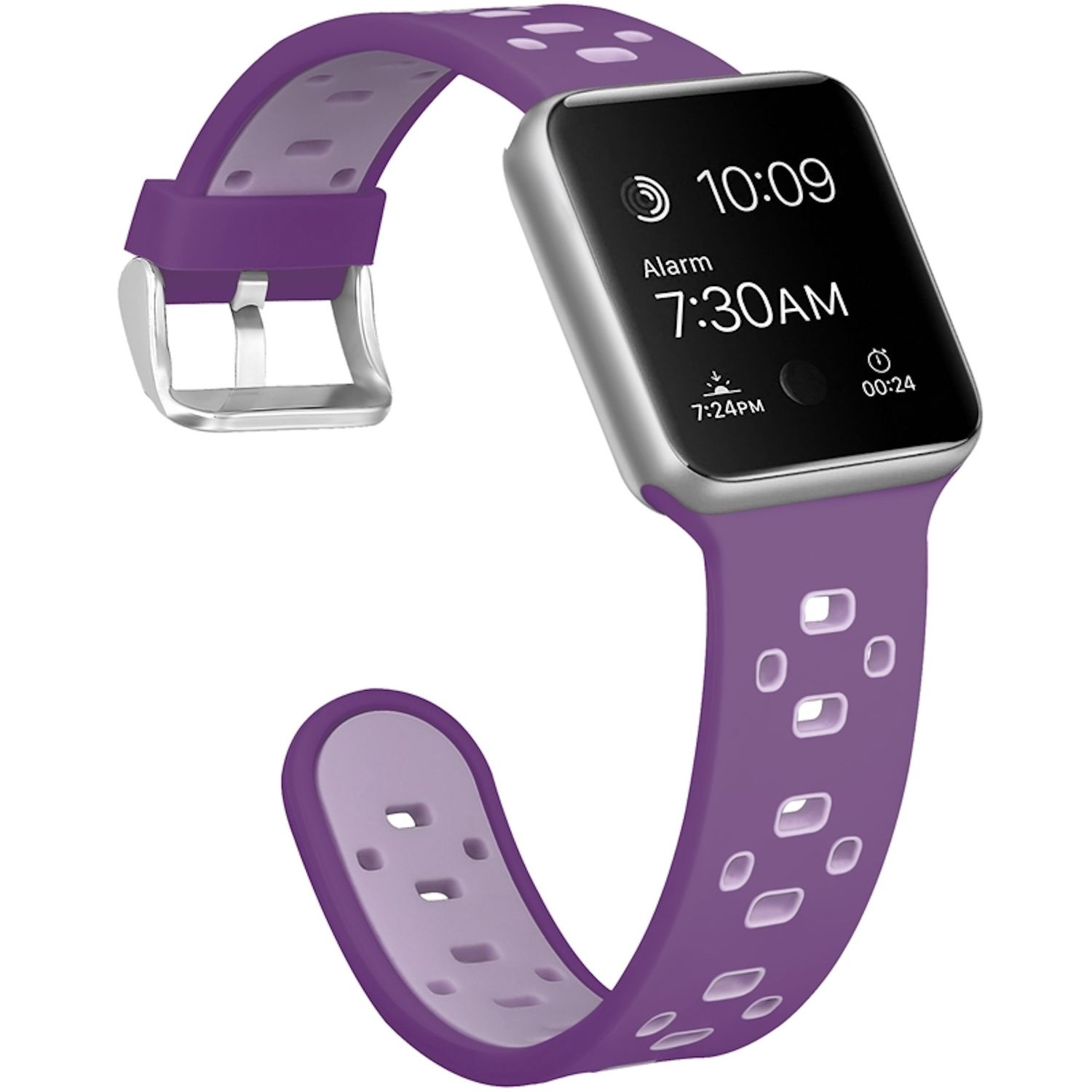 Eine lila Smartwatch mit schwarzem Bildschirm, der Zeit und Alarm anzeigt. Das Armband ist lila mit hellem Lila innen.