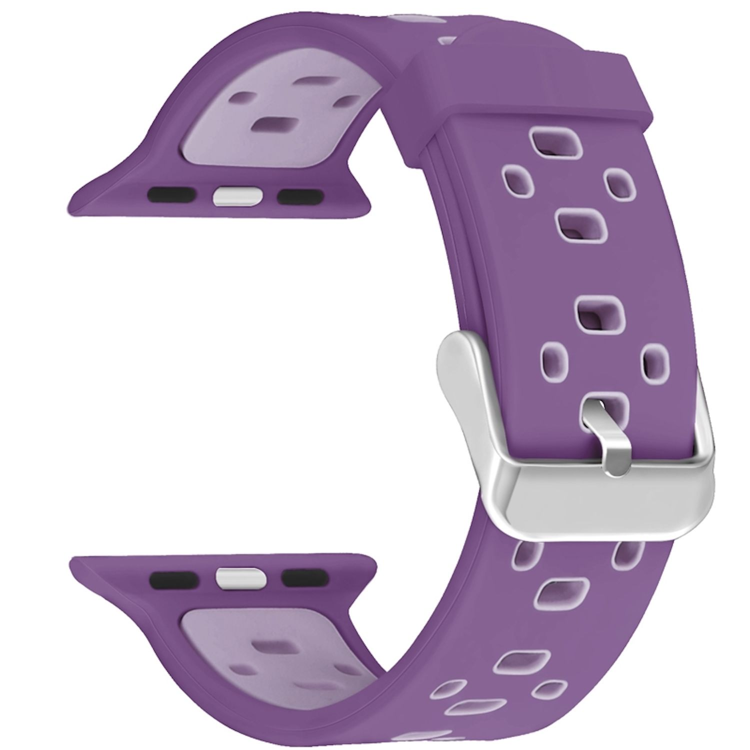 Ein lila Uhrenarmband mit silberner Schnalle. Es hat Löcher zur Belüftung und ein zweifarbiges Design.