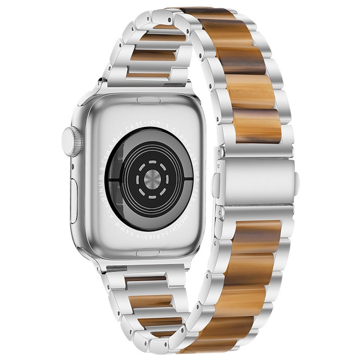 Silberne Apple Watch mit braun-silbernem Armband. Die Uhr ist aus Aluminium, das Band hat ein holzähnliches Design.