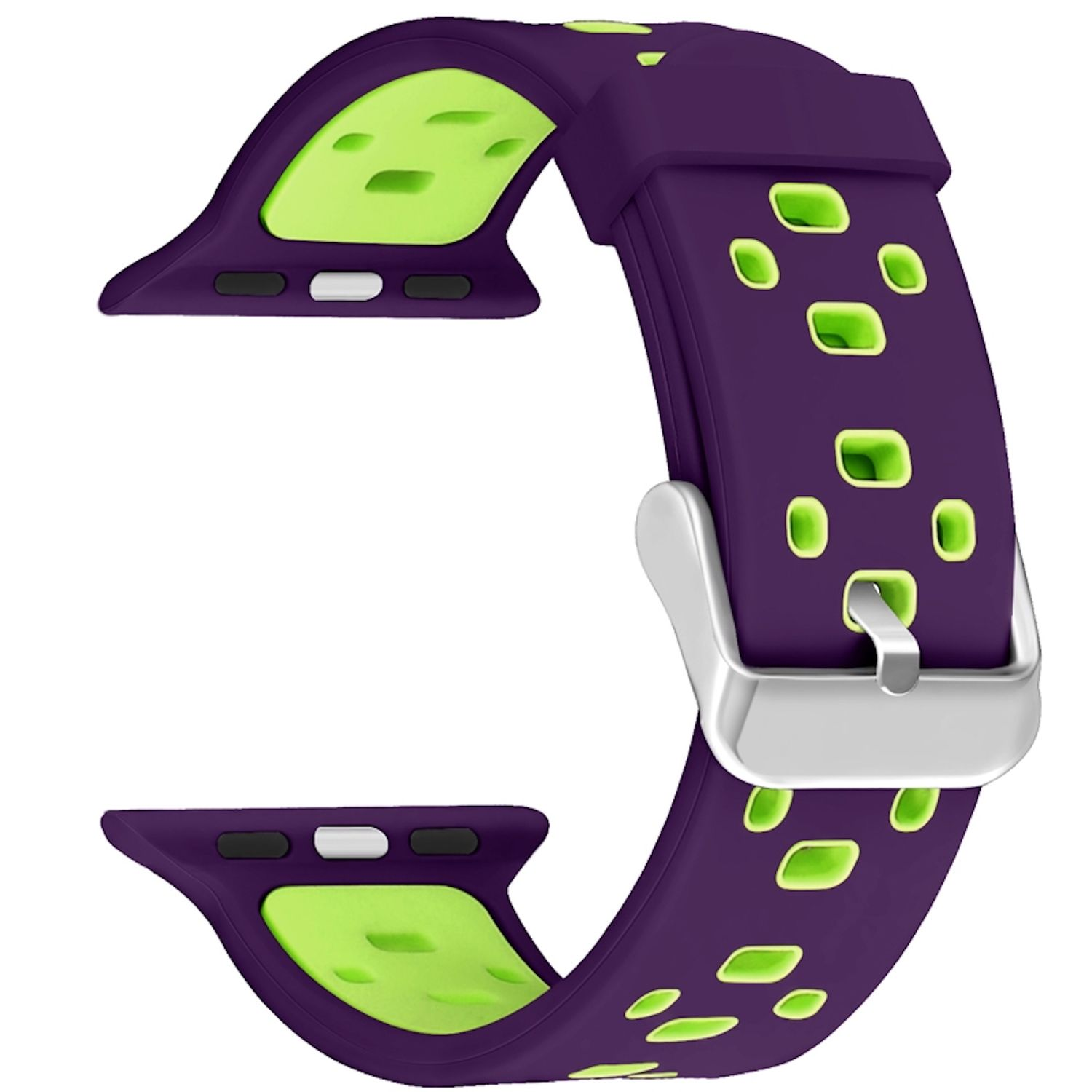 Ein lila-grünes Uhrenarmband. Das Band hat eine grüne Innenseite und eine lila Außenseite mit grünen Aussparungen. Eine silberne Schnalle ist ebenfalls sichtbar.