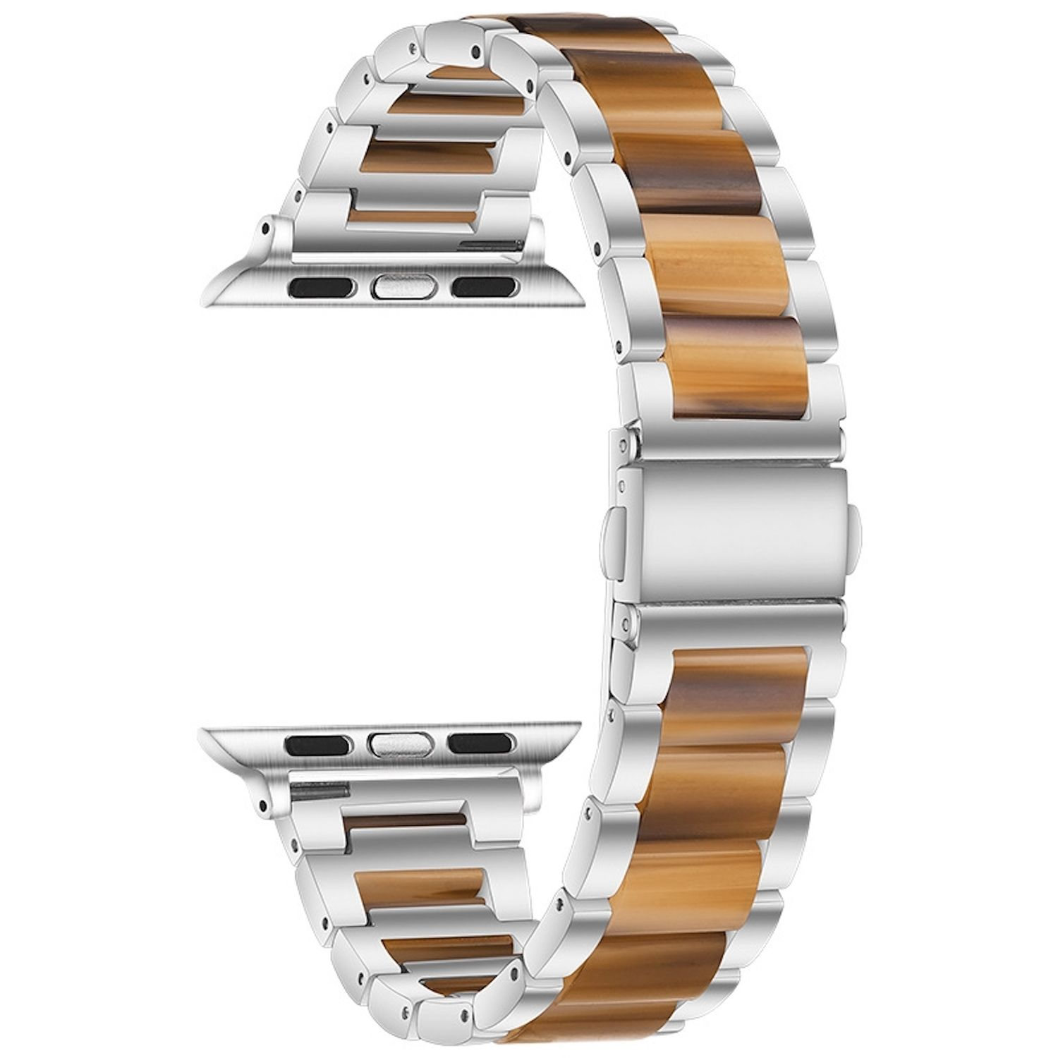 Ein Uhrenarmband mit silbernem Metall und braunen, holzähnlichen Gliedern. Das Band ist gebogen und scheint abgenommen zu sein.
