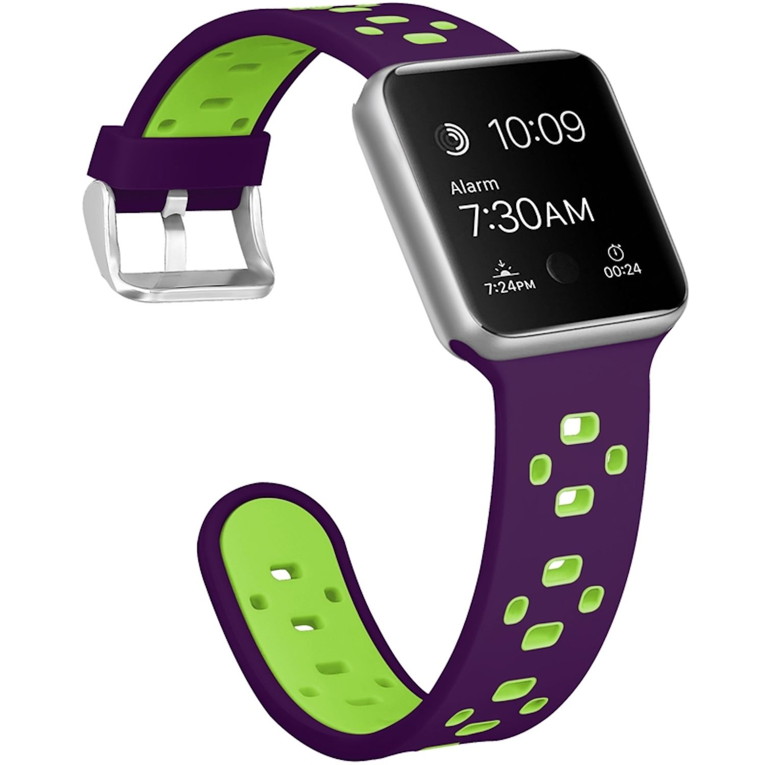 Eine Apple Watch mit lila und grünem Armband. Der Bildschirm zeigt die Uhrzeit 10:09 Uhr und einen Alarm um 7:30 Uhr an.