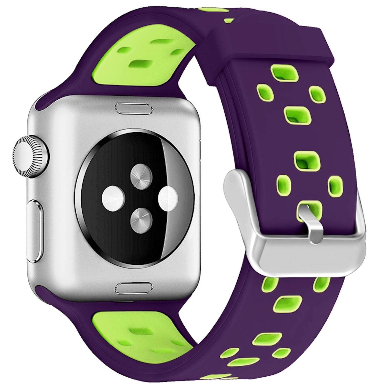 Silberne Apple Watch mit einem lila-grünen Armband. Das Armband hat grüne Aussparungen und eine silberne Schnalle.