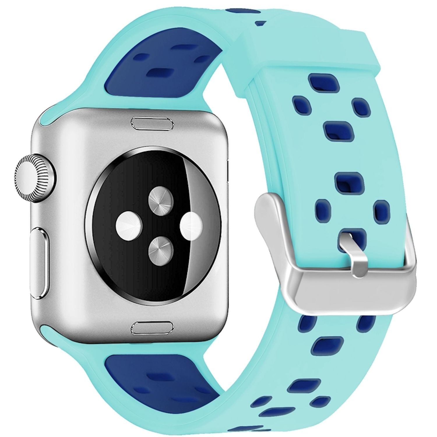 Eine Apple Watch mit einem hellblauen und dunkelblauen Armband. Das Zifferblatt ist silberfarben und das Armband hat eine silberne Schnalle.