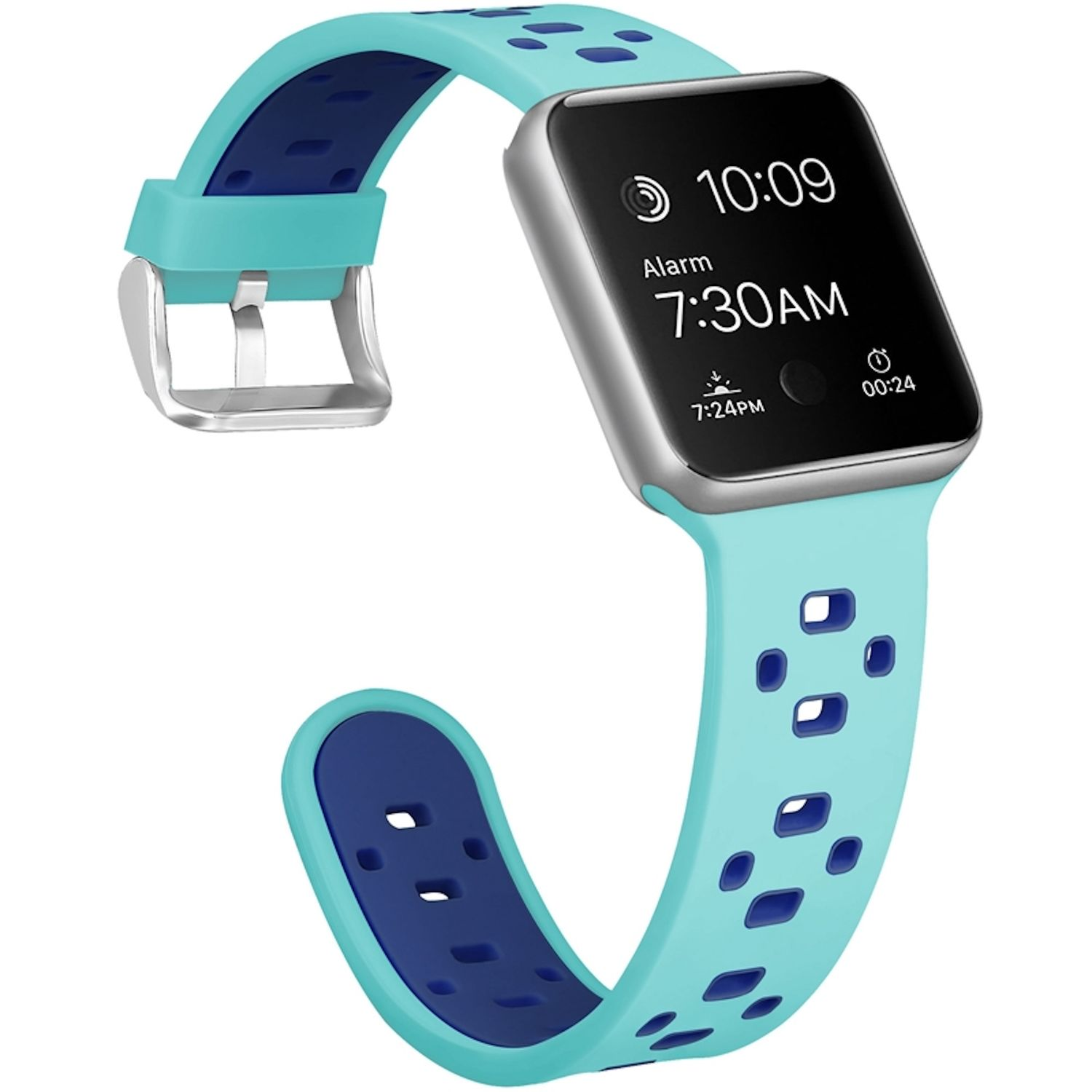 Eine Apple Watch mit türkisblauem Armband und dunkelblauem Innenraum. Der Bildschirm zeigt Uhrzeit und Wecker an.