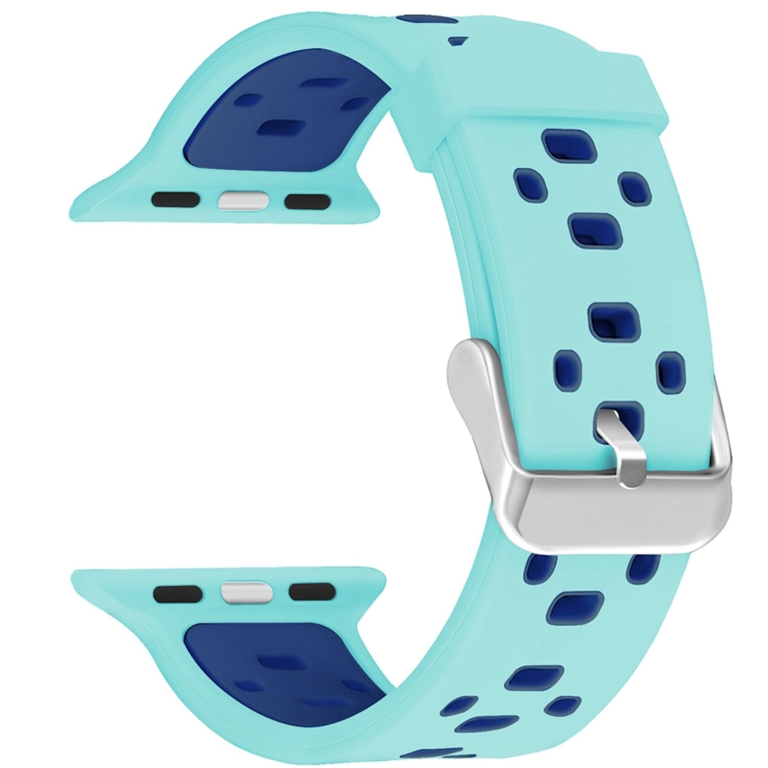 Ein hellblaues Uhrenarmband mit marineblauen Akzenten und Löchern. Eine silberne Schnalle befestigt das Armband. Das Armband ist auf weißem Hintergrund.