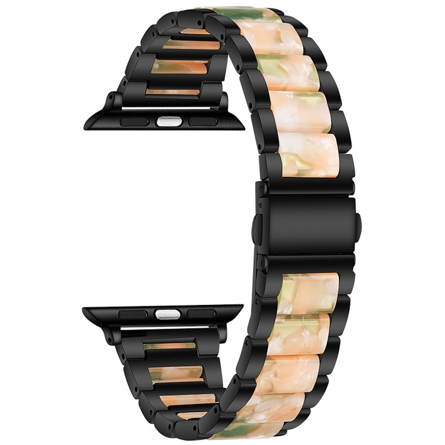 Schwarzes Metall-Uhrenarmband mit marmorierten Pfirsich- und grünen Gliedern. Zeigt die Befestigungspunkte und den Verschluss.