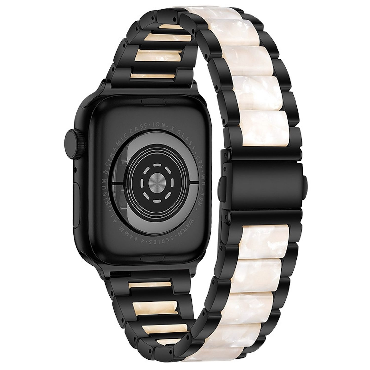 Schwarze Smartwatch mit einem Armband aus schwarzen Metallgliedern und weißen marmorähnlichen Gliedern. Die Uhrenrückseite ist sichtbar.