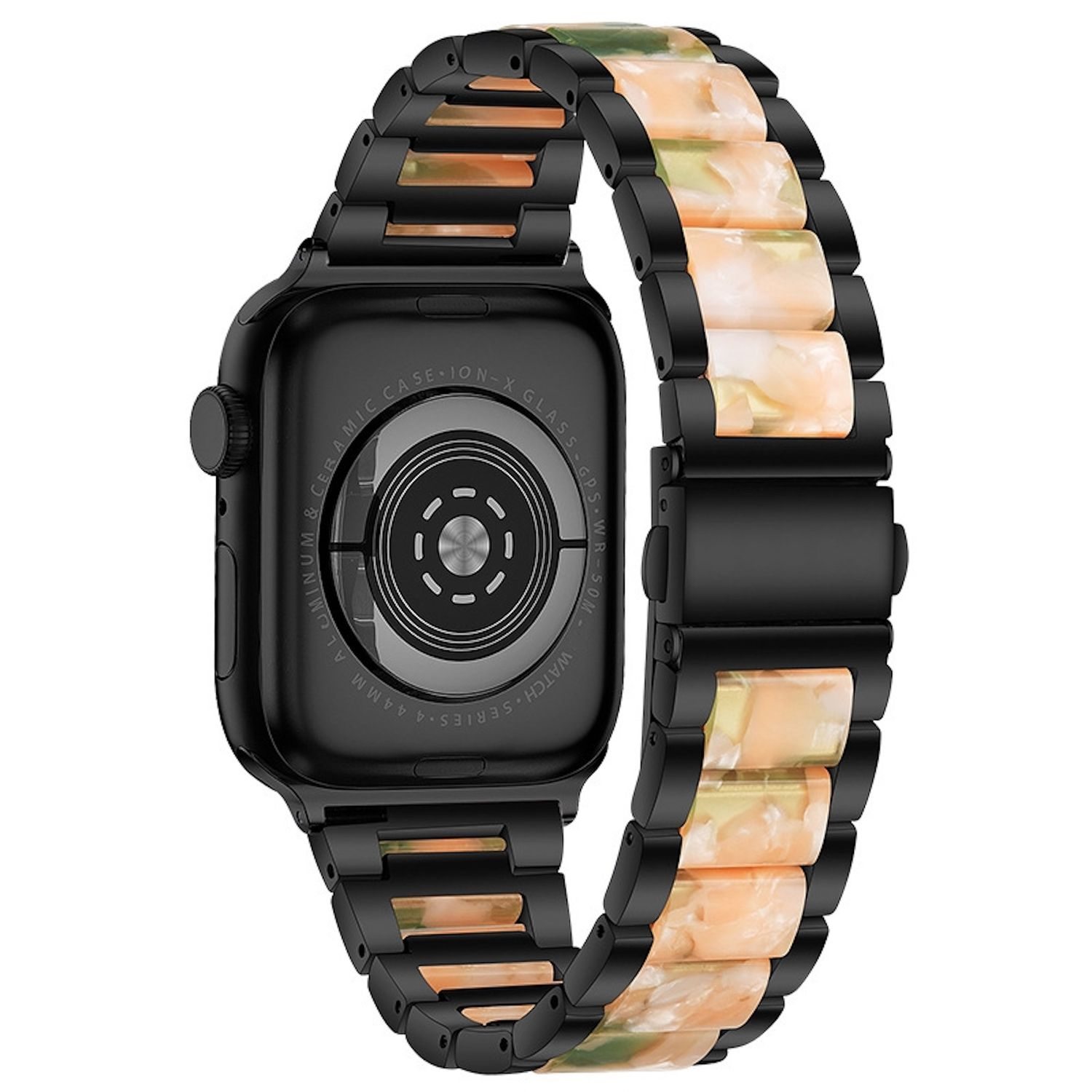 Schwarze Apple Watch mit einem Armband aus schwarzen Gliedern und marmorierten beigen und grünen Gliedern. Das Zifferblatt ist sichtbar.