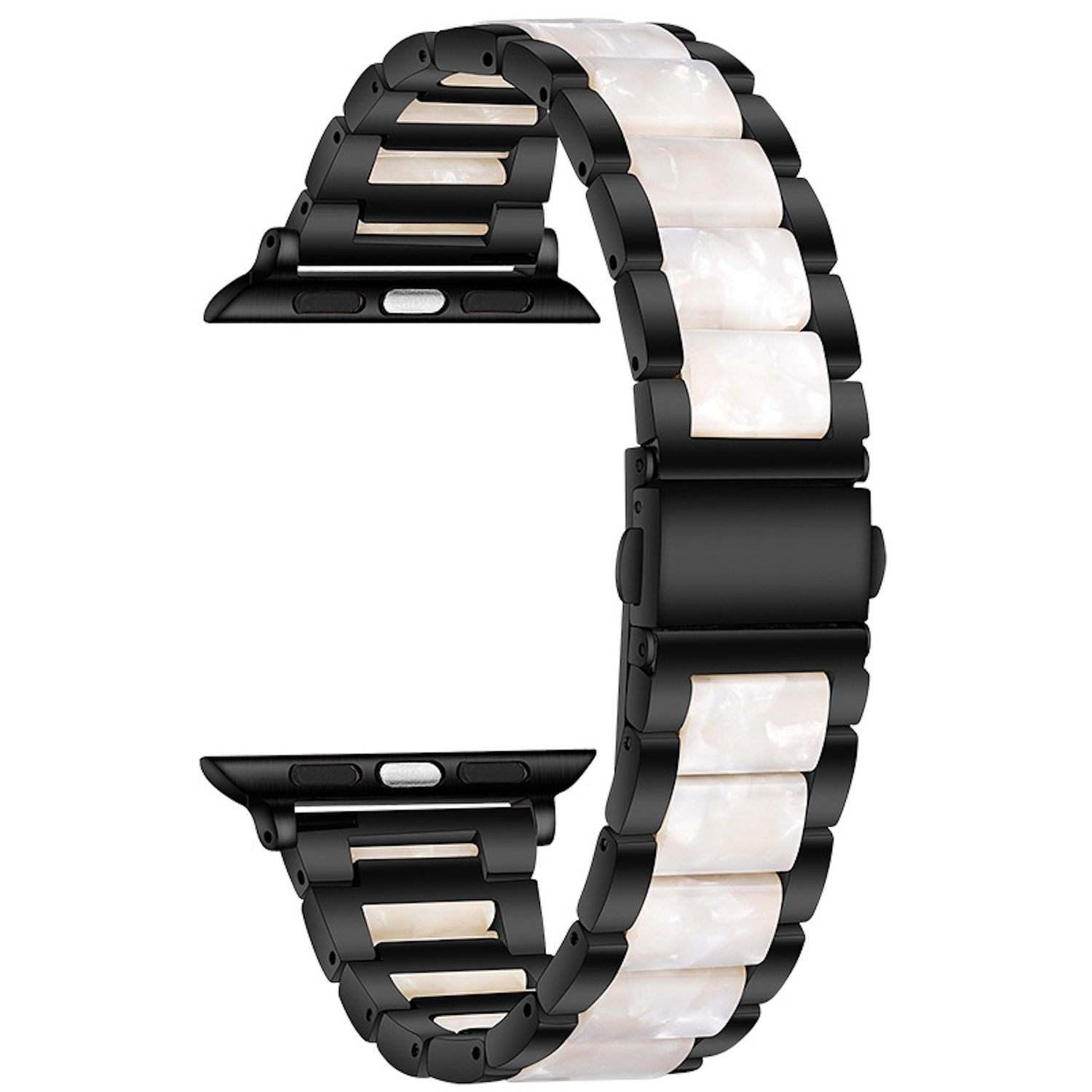 Schwarz-weißes Uhrenarmband. Das Armband hat schwarze Metallglieder mit weißen marmorähnlichen Abschnitten. Der Verschluss ist schwarz.