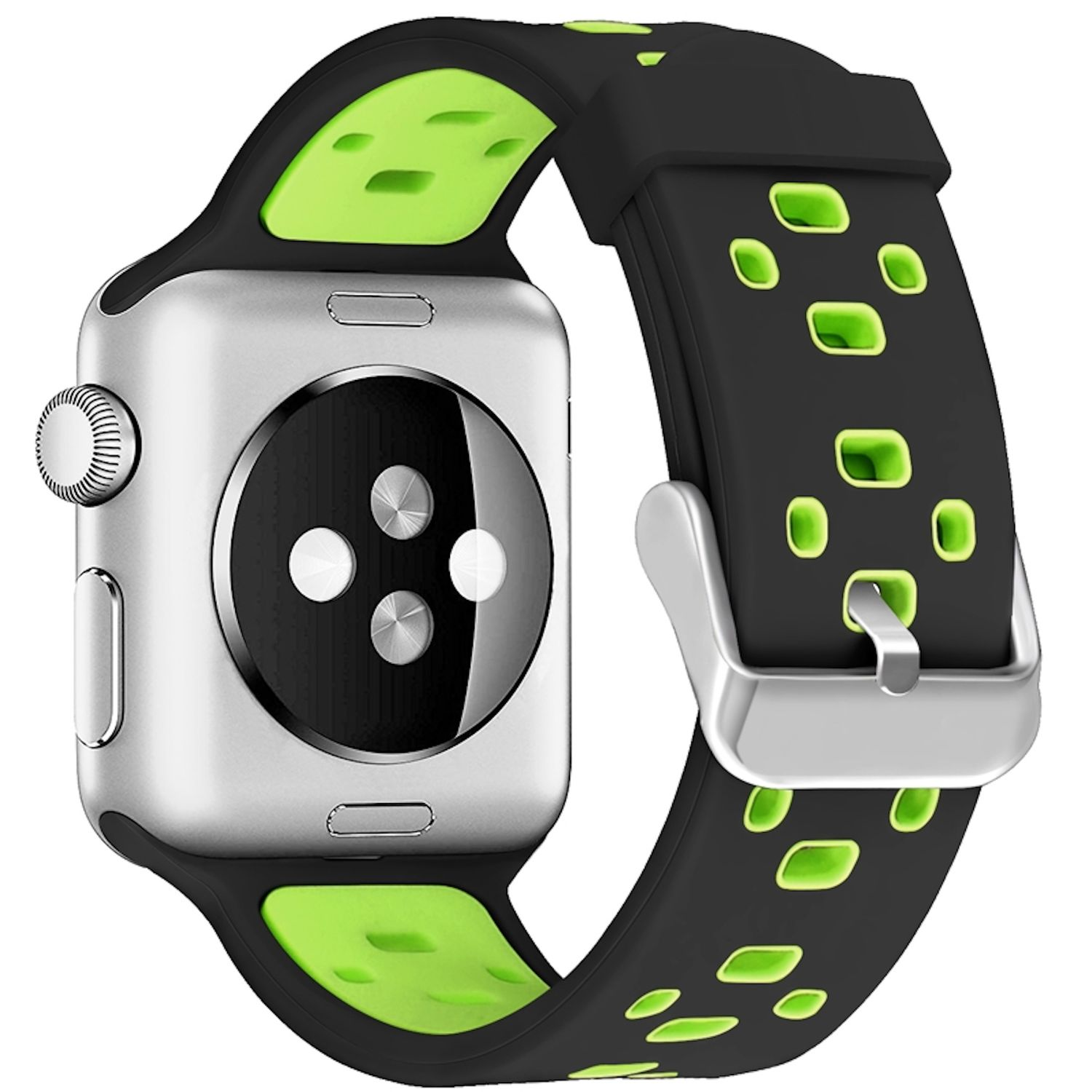 Silberne Apple Watch mit schwarzem und grünem Armband. Das Armband hat grüne Akzente und Löcher. Die Uhr ist auf weißem Hintergrund.
