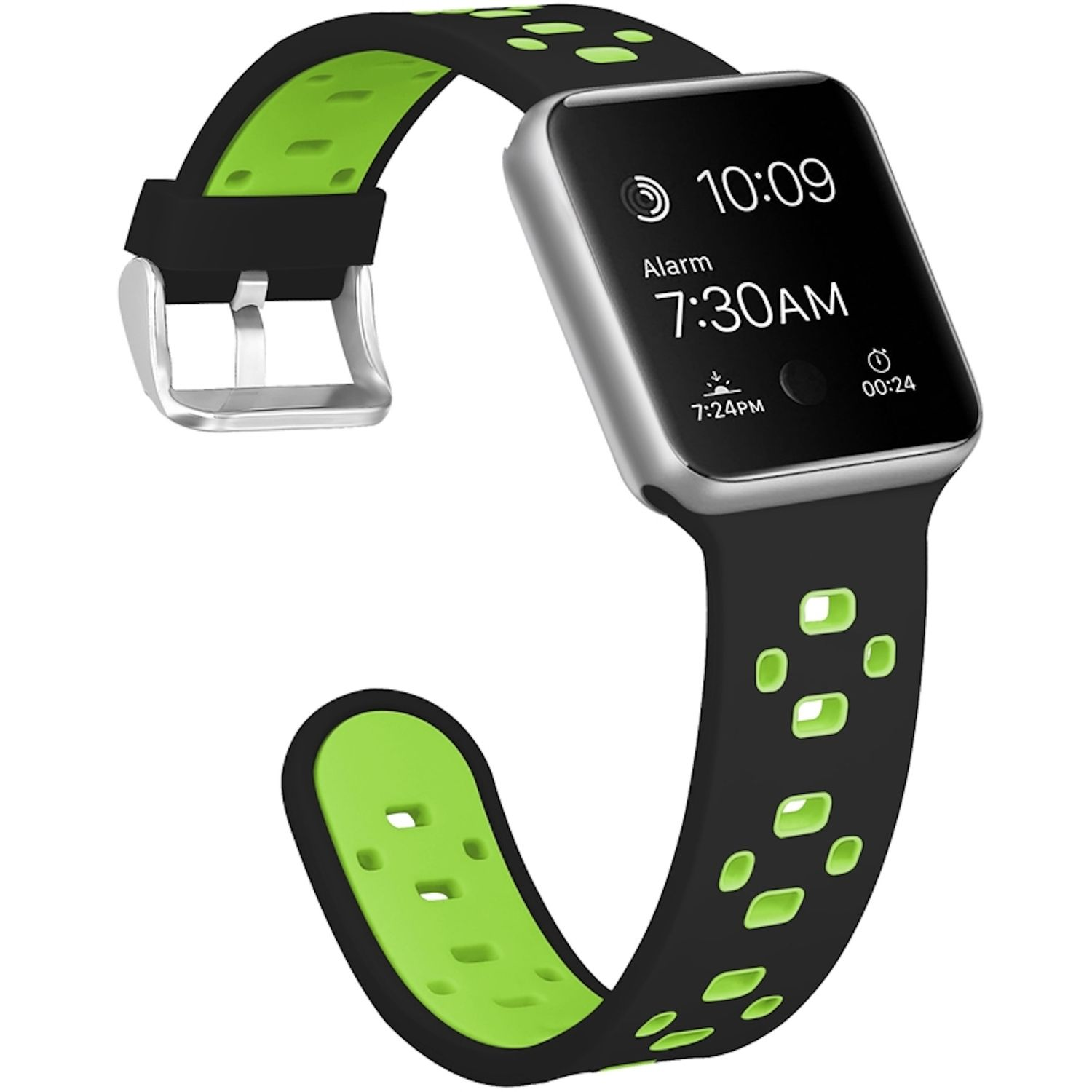 Eine Apple Watch mit einem schwarz-grünen Armband. Das Zifferblatt zeigt die Uhrzeit und Alarmeinstellungen an. Das Band hat Aussparungen.