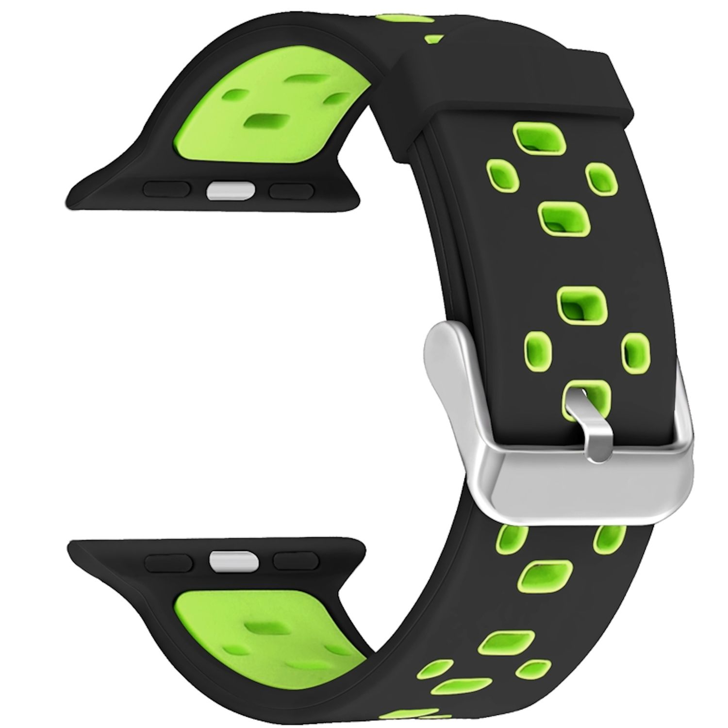 Schwarzes und grünes Uhrenarmband mit Löchern und einer silbernen Schnalle. Das Armband besteht aus Silikon.