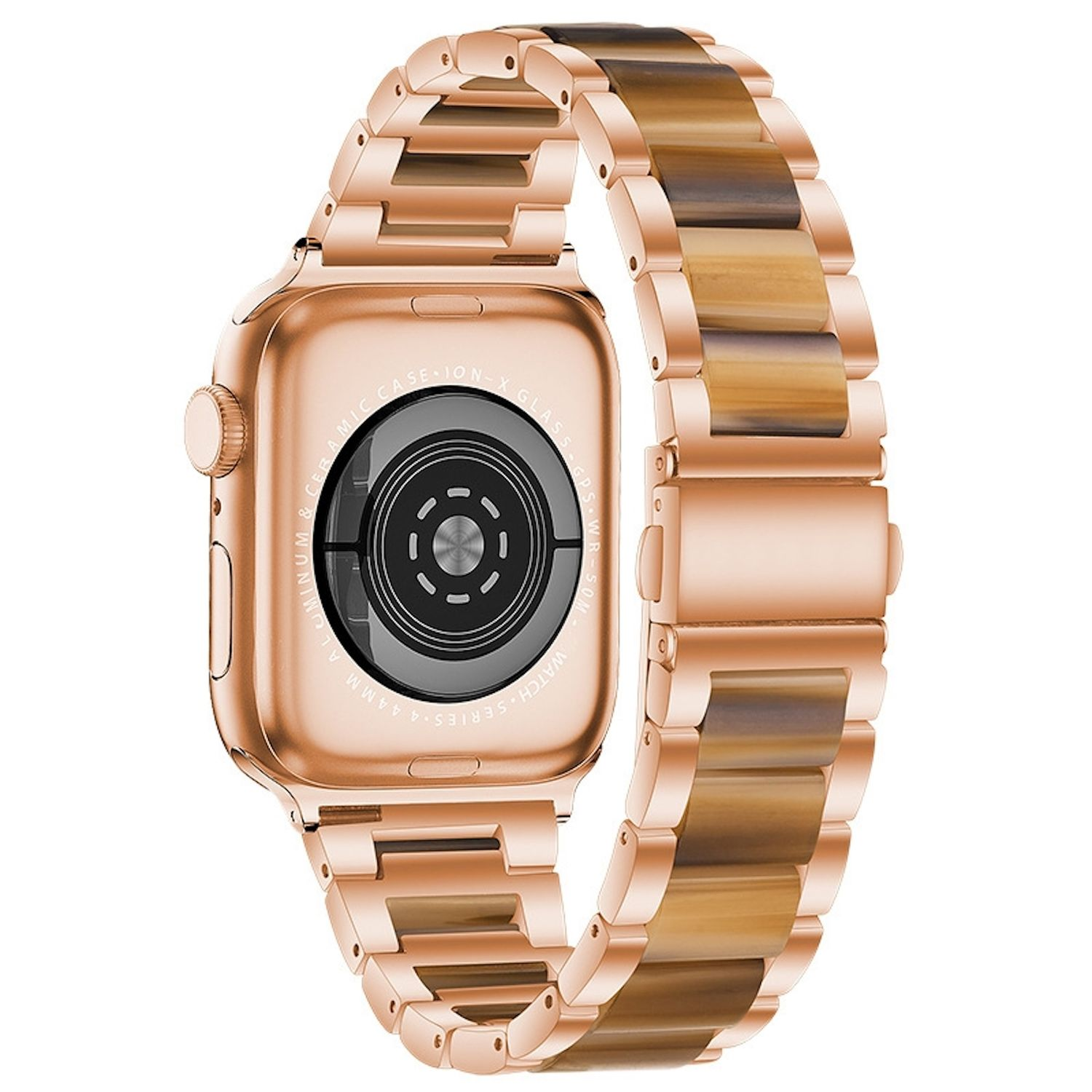 Roségoldene Apple Watch mit braun-goldenem Armband, auf weißer Oberfläche. Das Zifferblatt ist sichtbar, das Armband ist teilweise geöffnet.