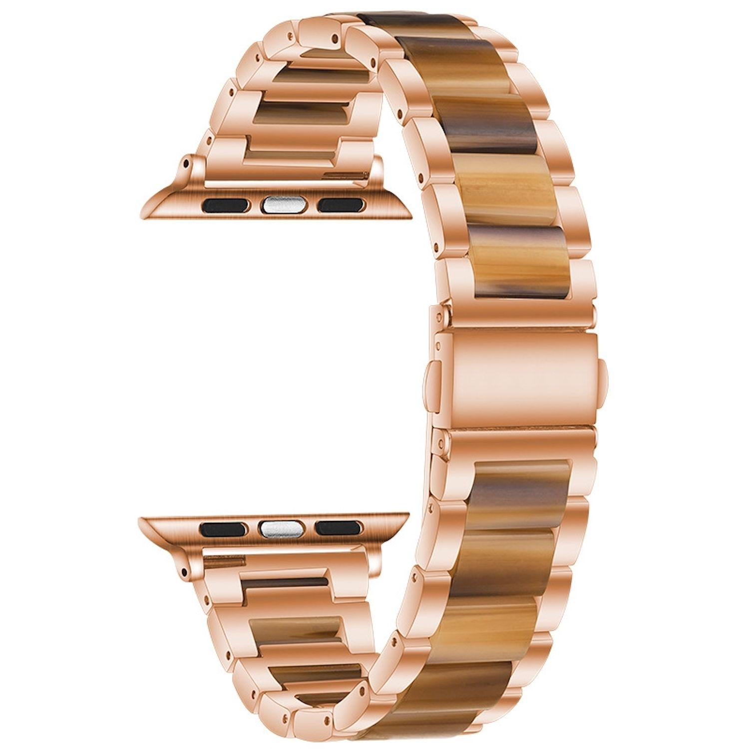 Ein roségoldenes Armband mit abwechselnden braunen Holz- und roségoldenen Gliedern.
