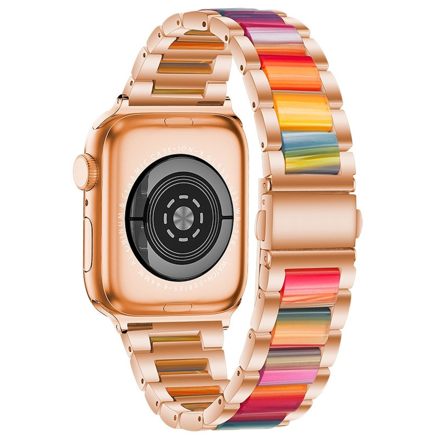 Eine roségoldene Apple Watch mit einem bunten gestreiften Armband. Die Uhr hat einen schwarzen Sensor auf der Rückseite. Das Band ist eine Mischung vieler Farben.