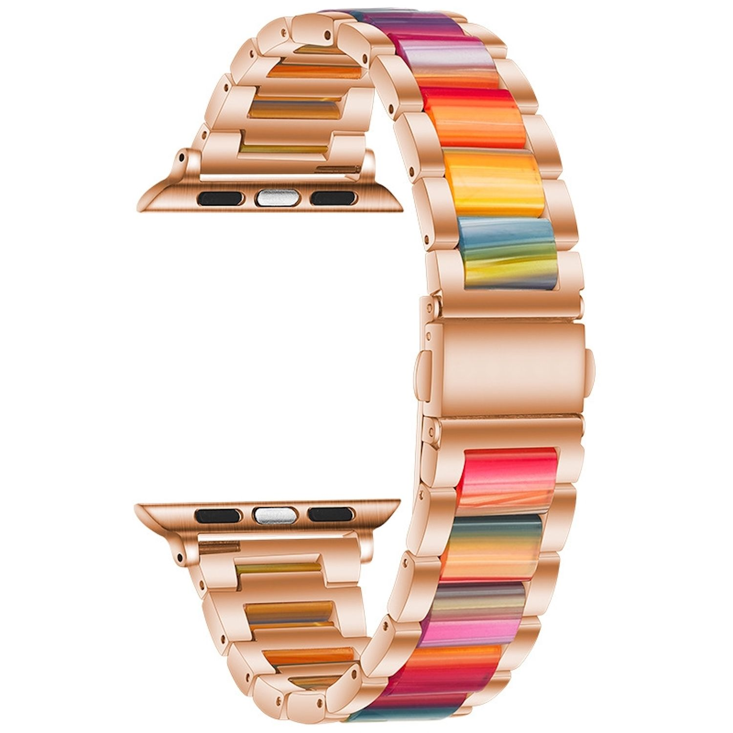 Roségold-Uhrenarmband mit bunten Gliedern. Farben sind Rot, Orange, Gelb, Grün, Blau und Lila. Das Armband ist offen.
