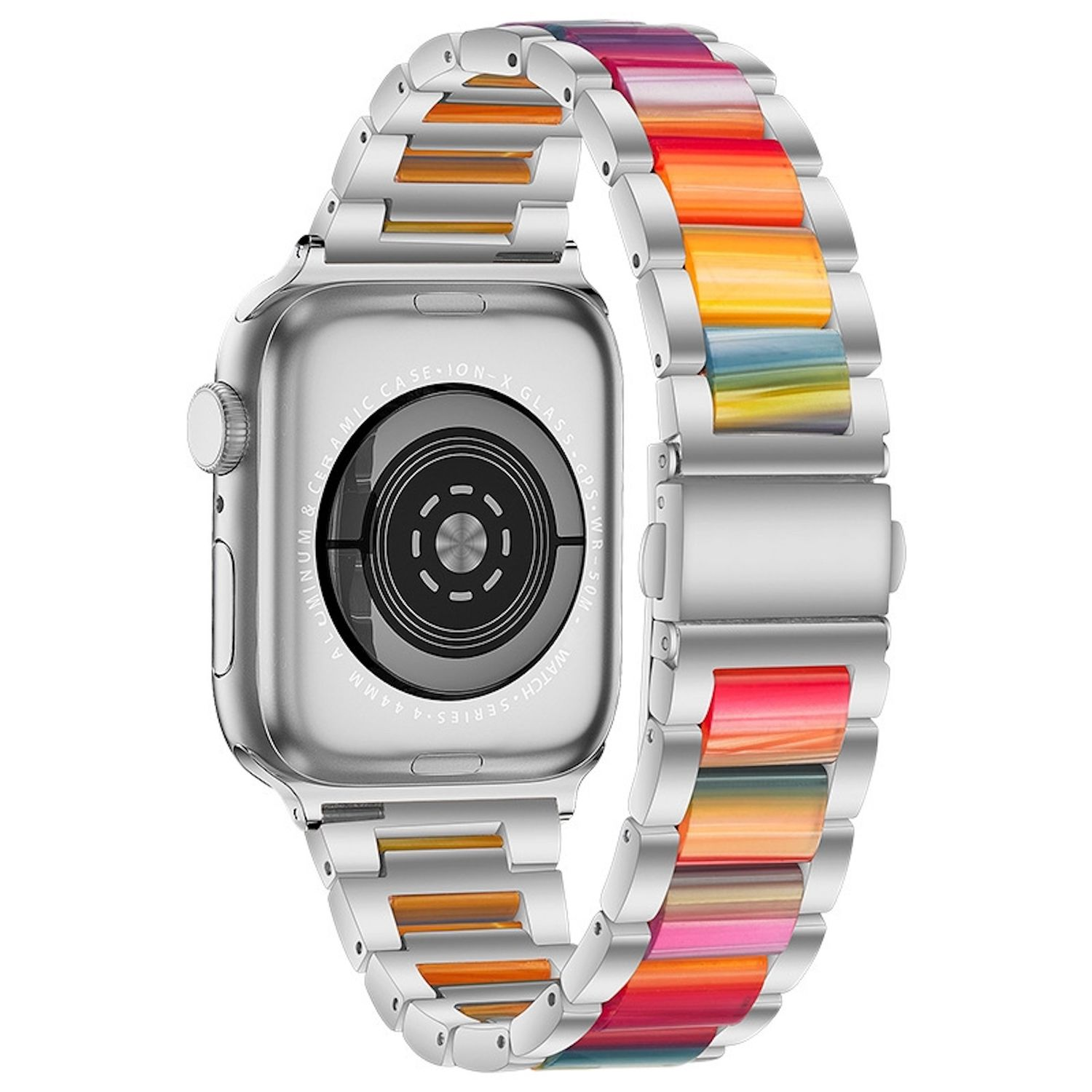 Silberne Apple Watch mit farbenfrohem Armband. Das Armband hat regenbogenfarbene Streifen. Die Uhr befindet sich auf weißem Hintergrund.