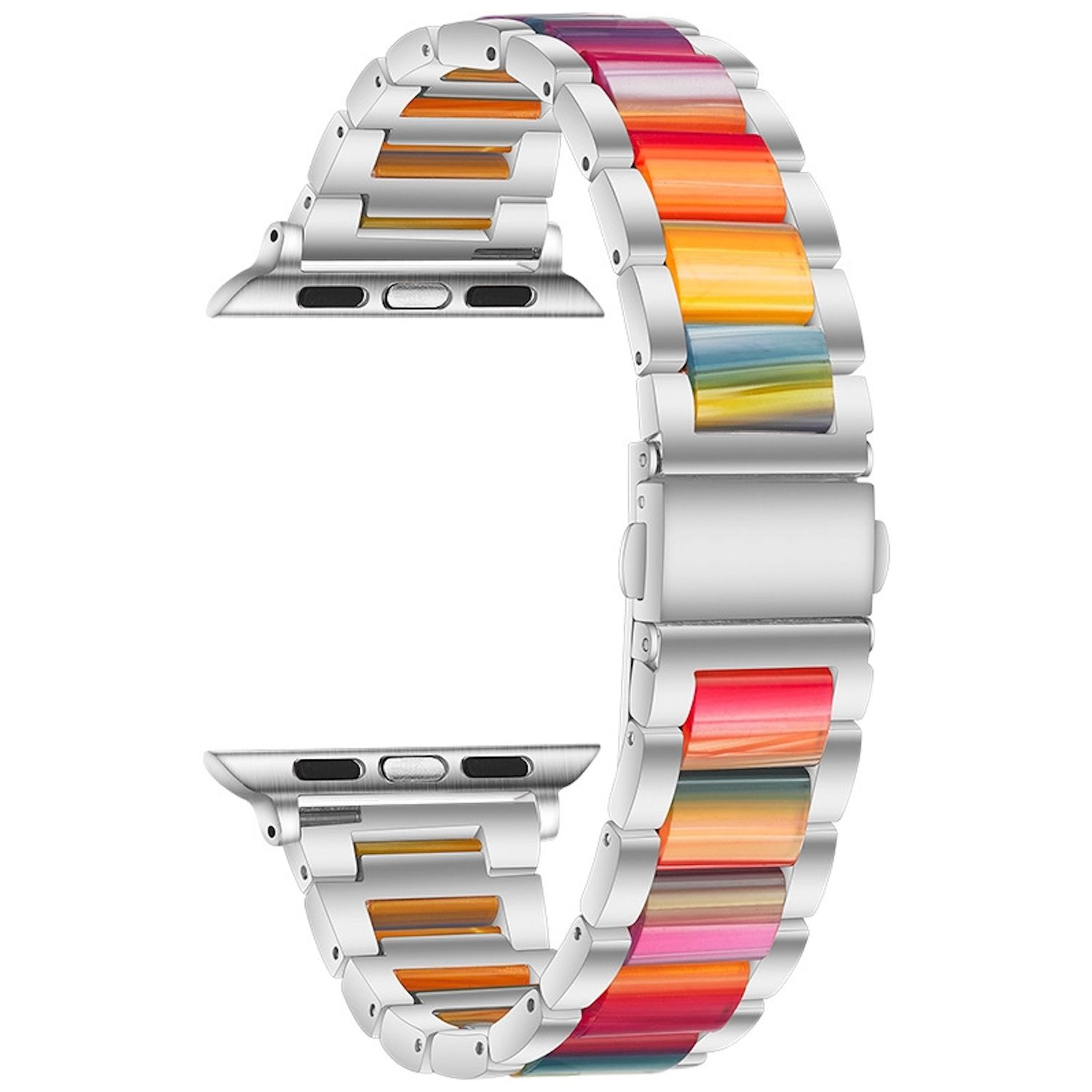 Armbanduhr mit silbernen Metallgliedern und bunten, regenbogenfarbenen Keramikgliedern. Die Farben umfassen Rot, Orange, Gelb und Blau.