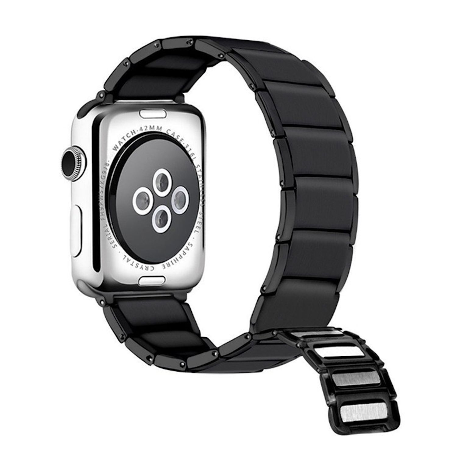 Eine silberne Apple Watch mit einem schwarzen Edelstahlarmband wird angezeigt. Das Zifferblatt ist sichtbar und zeigt die Rückseite.