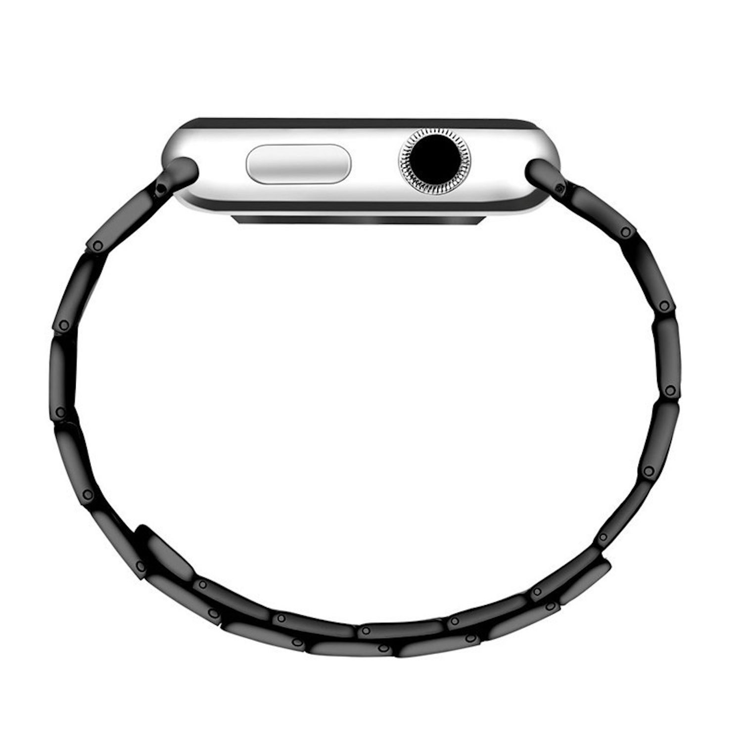 Eine silberne Smartwatch mit schwarzem Gliederarmband wird angezeigt. Das Zifferblatt hat eine Taste und einen Lautsprecher. Der Hintergrund ist weiß.