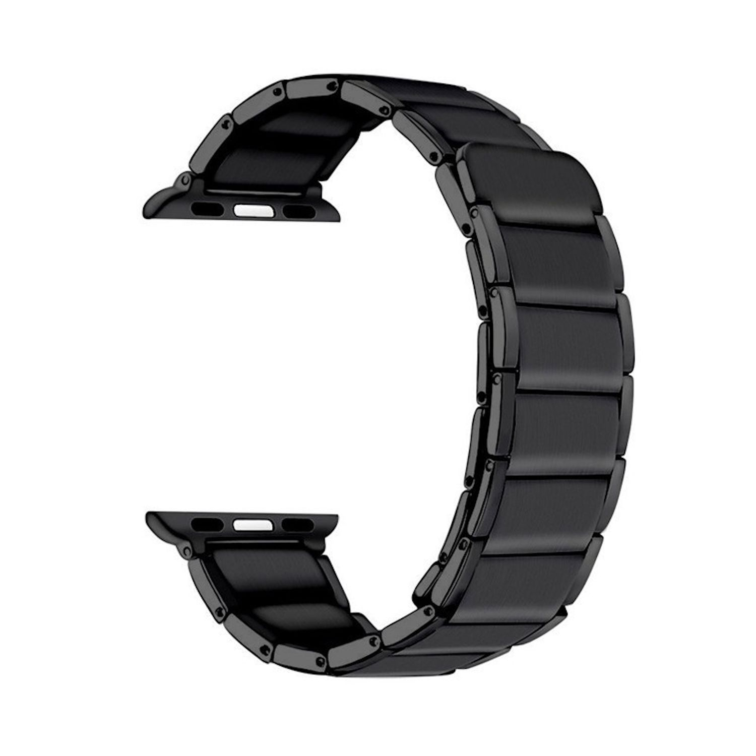 Ein schwarzes metallisches Uhrenarmband, gebogen, mit rechteckigen Gliedern und Anbauteilen. Der Hintergrund ist weiß.