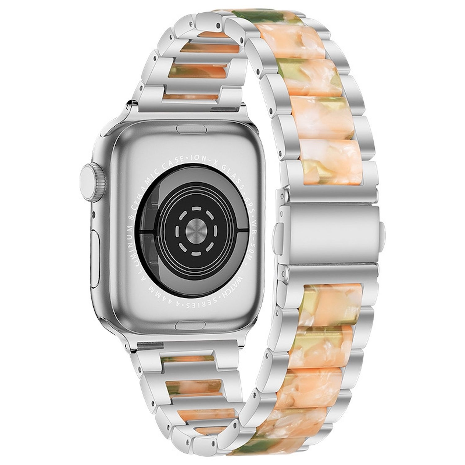 Silberne Apple Watch mit buntem Armband. Das Armband hat orangefarbene, grüne und weiße marmorähnliche Glieder. Das Zifferblatt ist sichtbar.