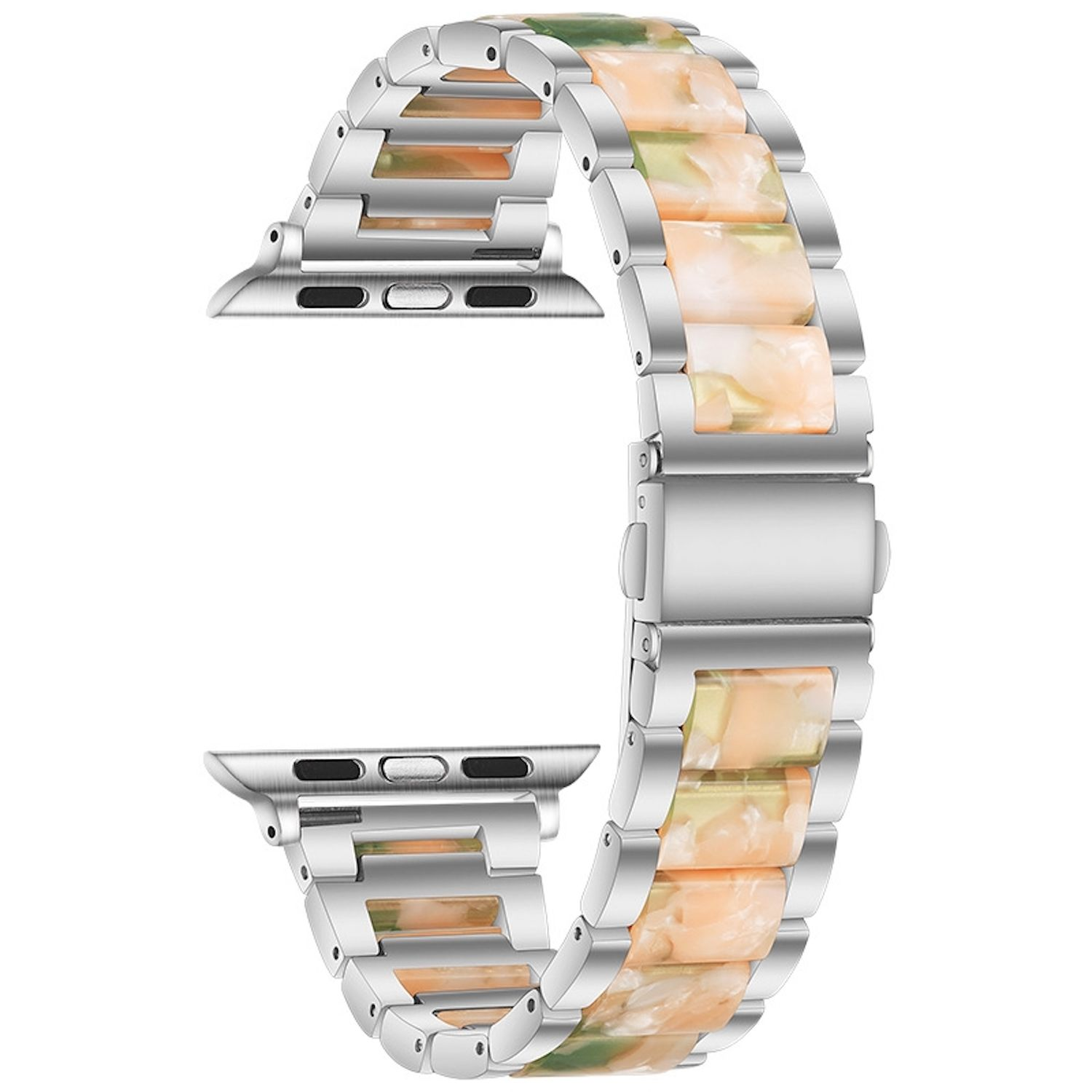 Ein silbernes Uhrenarmband mit marmorähnlichen Gliedern in Pfirsich-, Creme- und Grüntönen. Das Band ist offen und zeigt die Uhrenanschlussenden.
