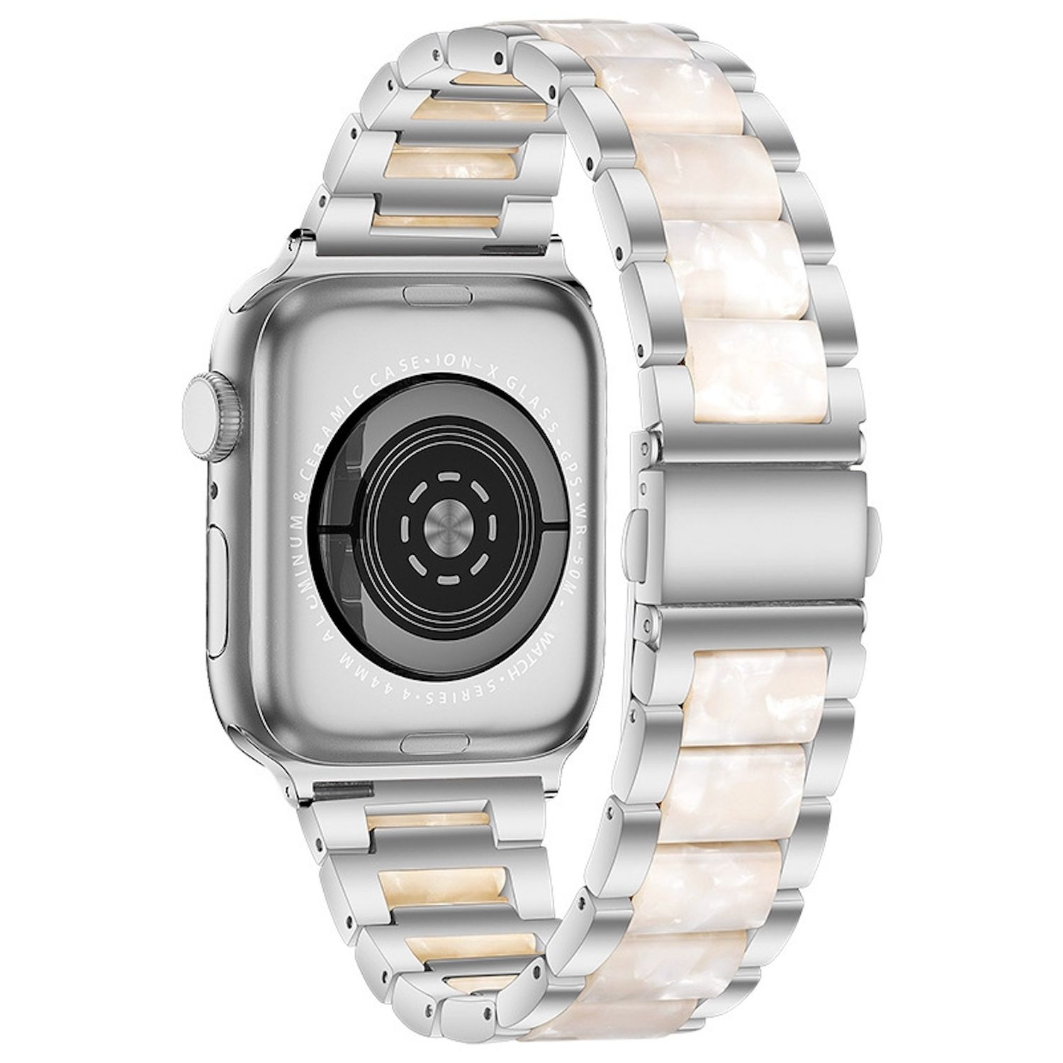 Eine silberne Apple Watch mit einem perlmuttweißen und silbernen Armband, das die Rückseite und die Banddetails der Uhr zeigt.