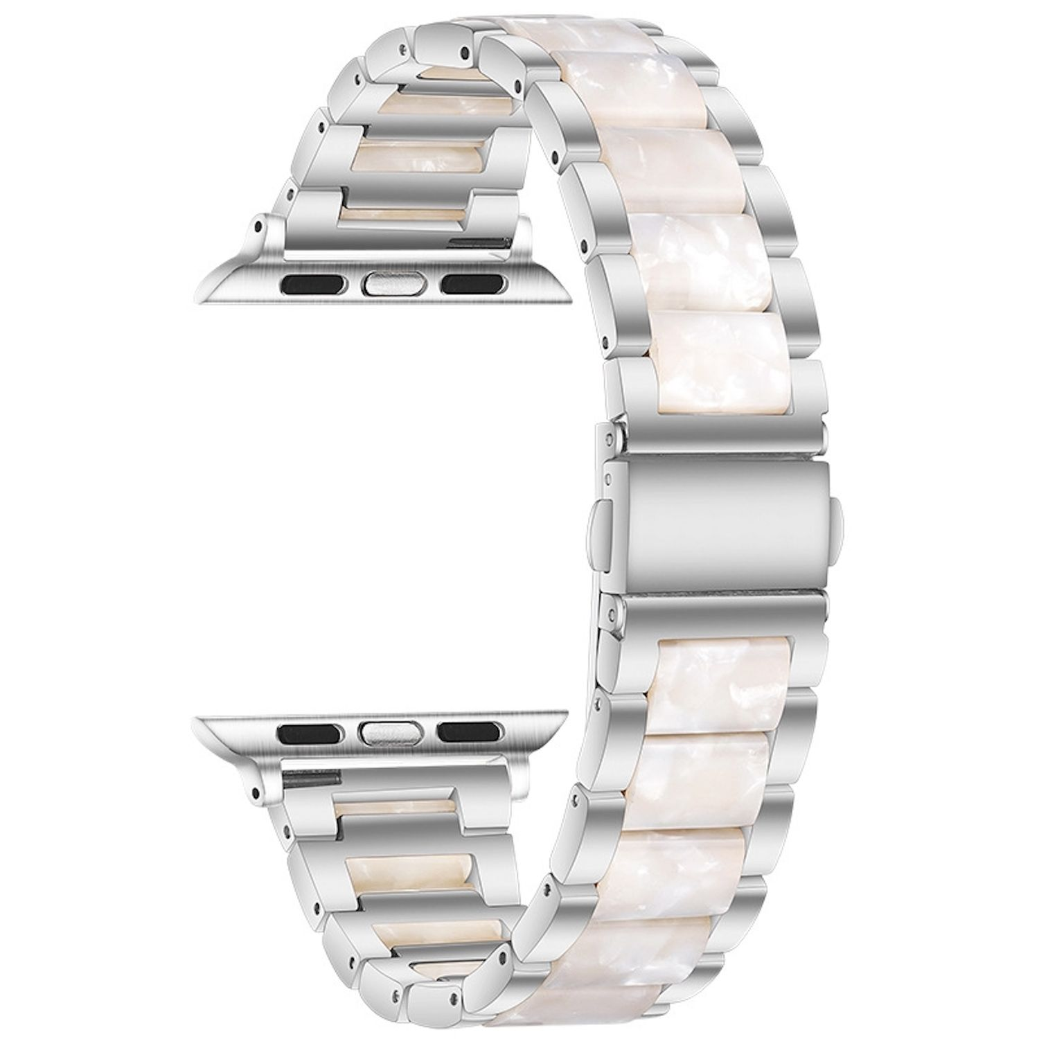 Ein silbernes Uhrenarmband mit weißen, marmorartigen Gliedern. Das Band ist unbefestigt und zeigt die Anschlüsse.