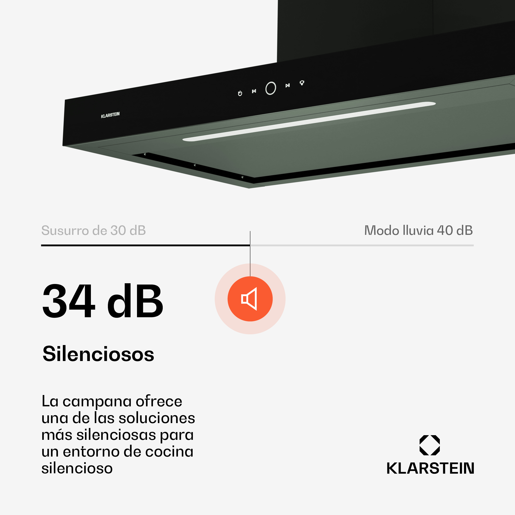 Cappa da cucina nera con comandi. Visualizza i livelli sonori: 34 dB, etichettato 'Silenciosos'. Logo Klarstein.