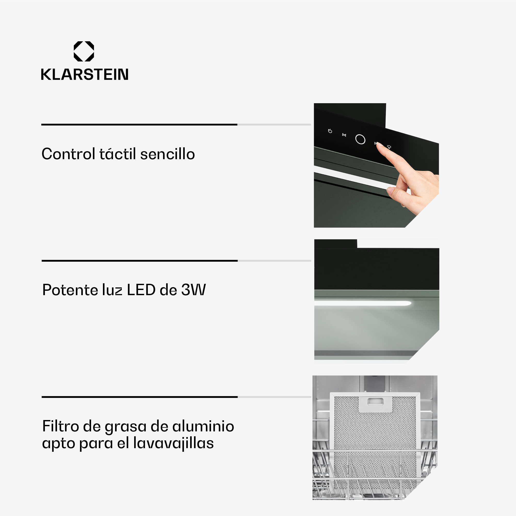 Immagine di cappa Klarstein con comandi touch, luce LED e filtro antigrasso in alluminio adatto alla lavastoviglie.