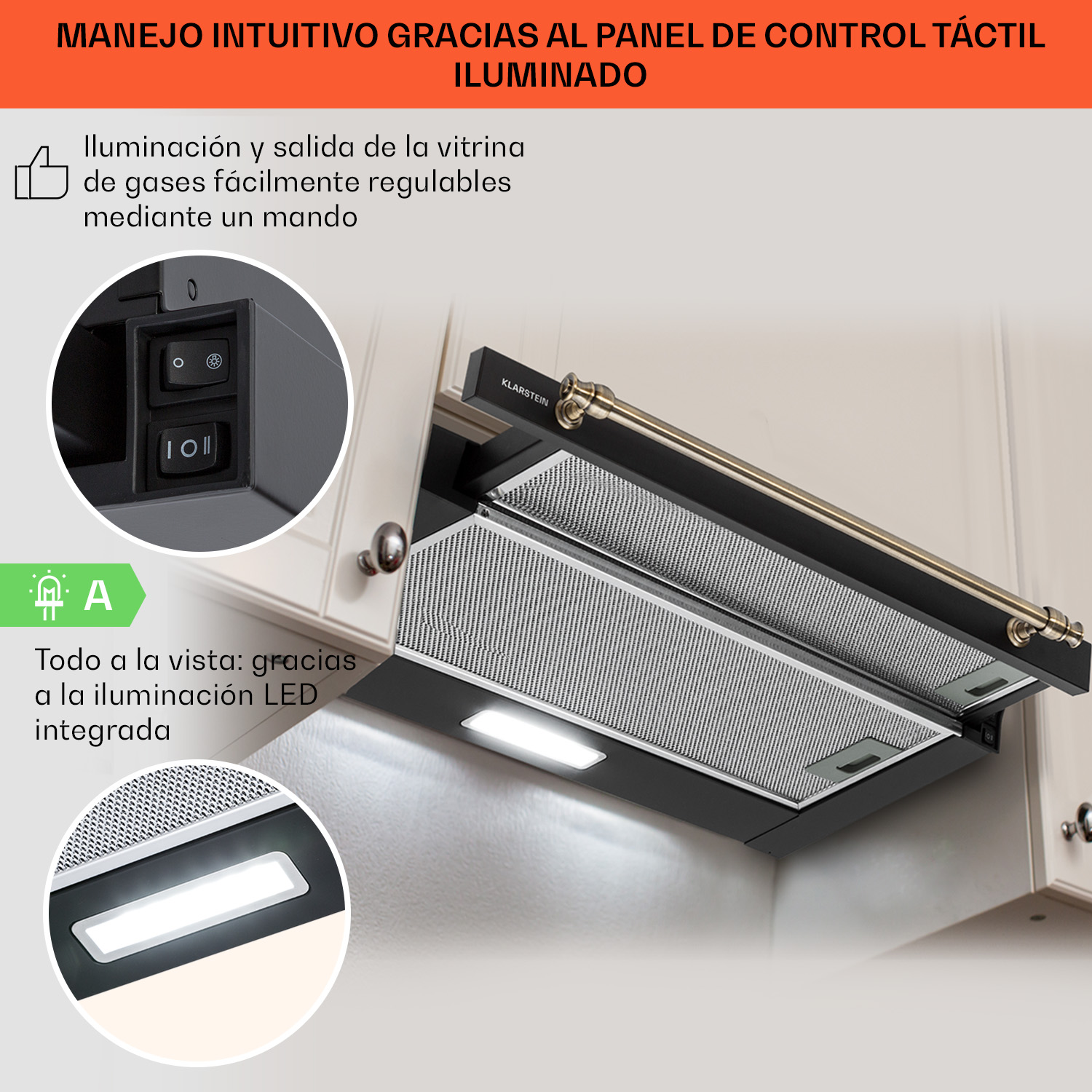 Eine Dunstabzugshaube mit Touch-Bedienelementen und LED-Beleuchtung wird gezeigt. Details umfassen Bedienfeld, Filter und integrierte Lichter.