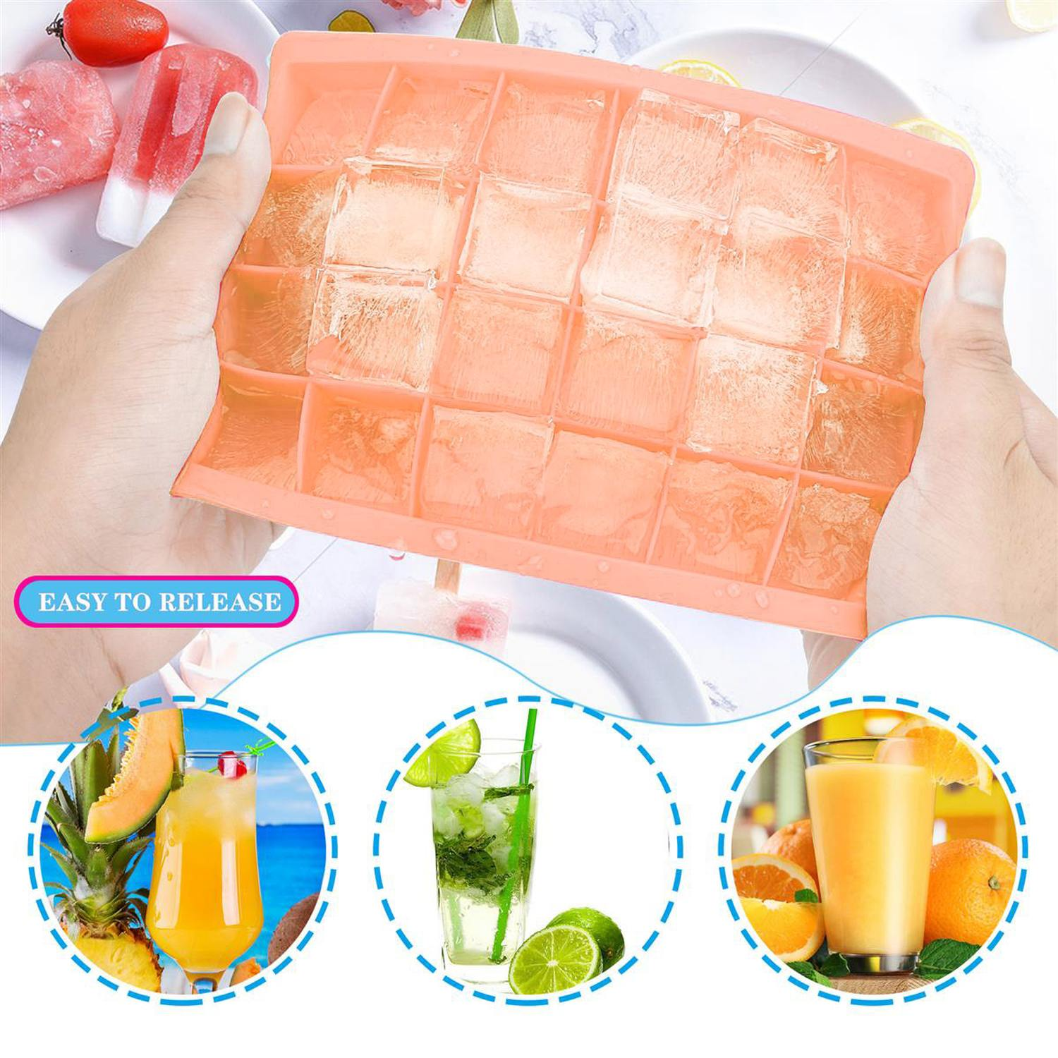 Hände halten eine orangefarbene Eiswürfelform, gefüllt mit Eiswürfeln. Eis am Stiel und Getränke sind im Hintergrund.