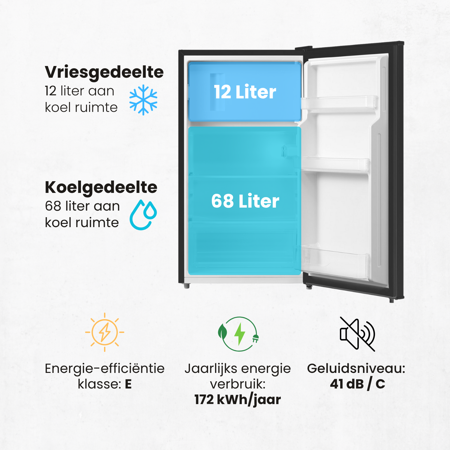 Un petit réfrigérateur noir, porte ouverte, montrant des compartiments bleus et des textes indiquant la capacité, l'efficacité énergétique et le niveau sonore.