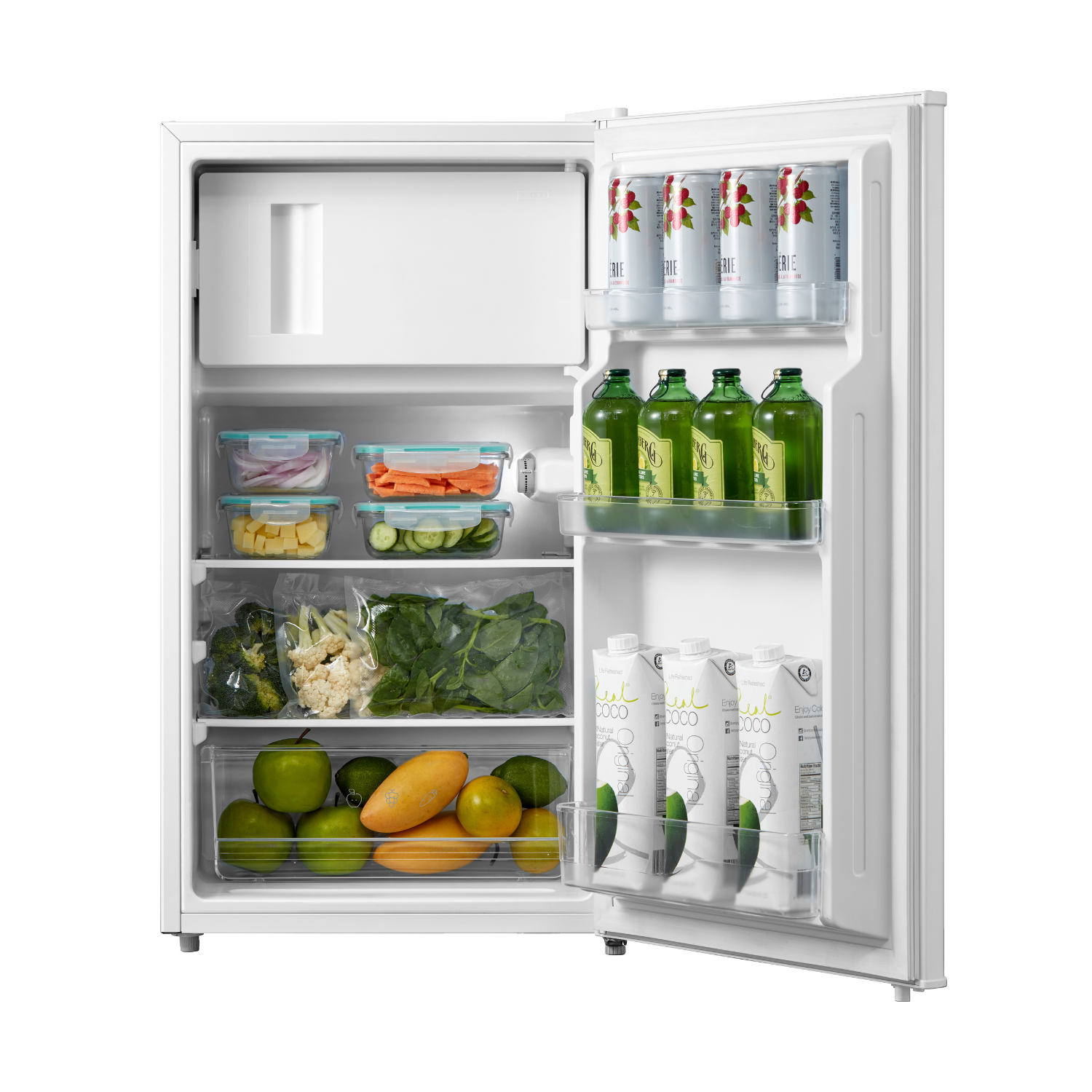 An open white refrigerator filled with food and drinks, including fruits, vegetables, beverages, and canned drinks, all neatly organized.