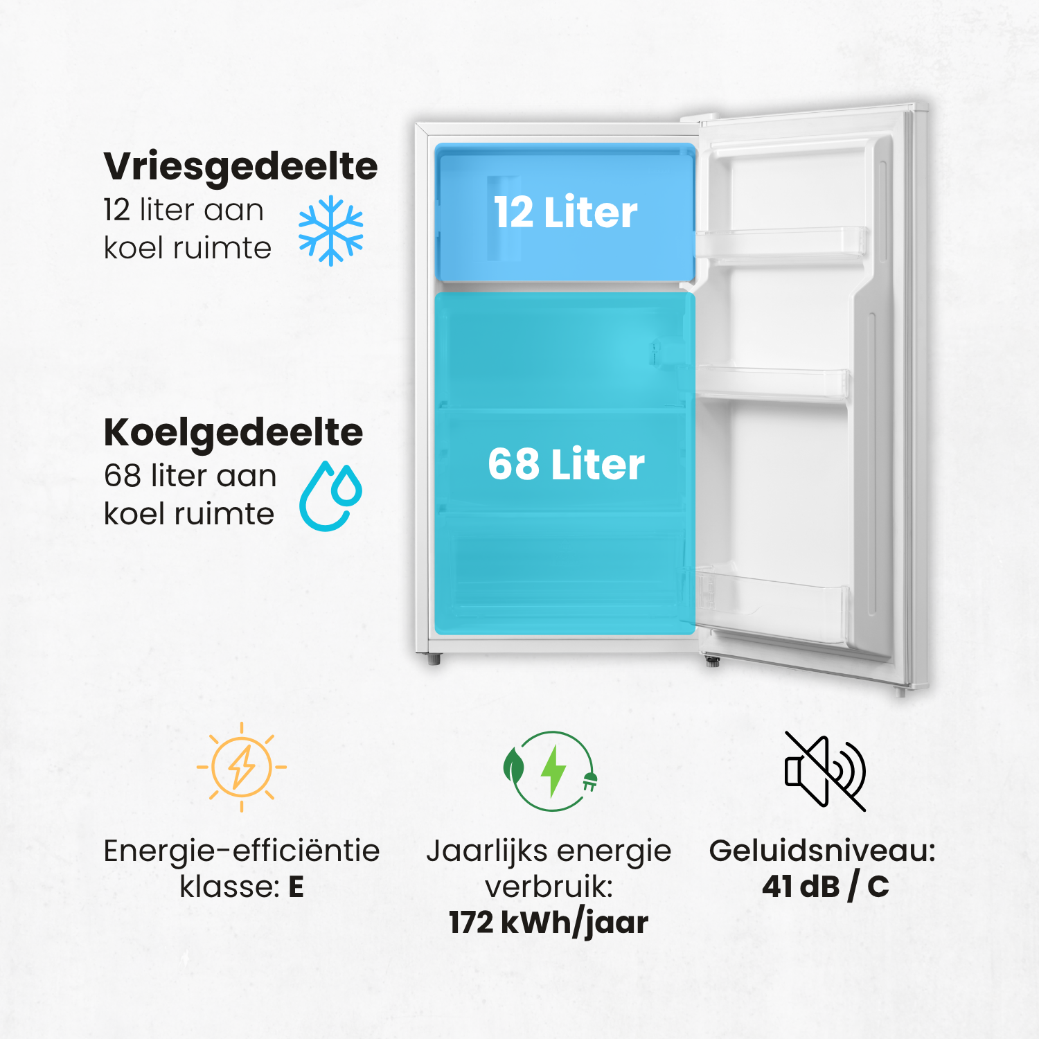 A white refrigerator with an open door. It has a freezer and a fridge. Text indicates volume and energy efficiency.