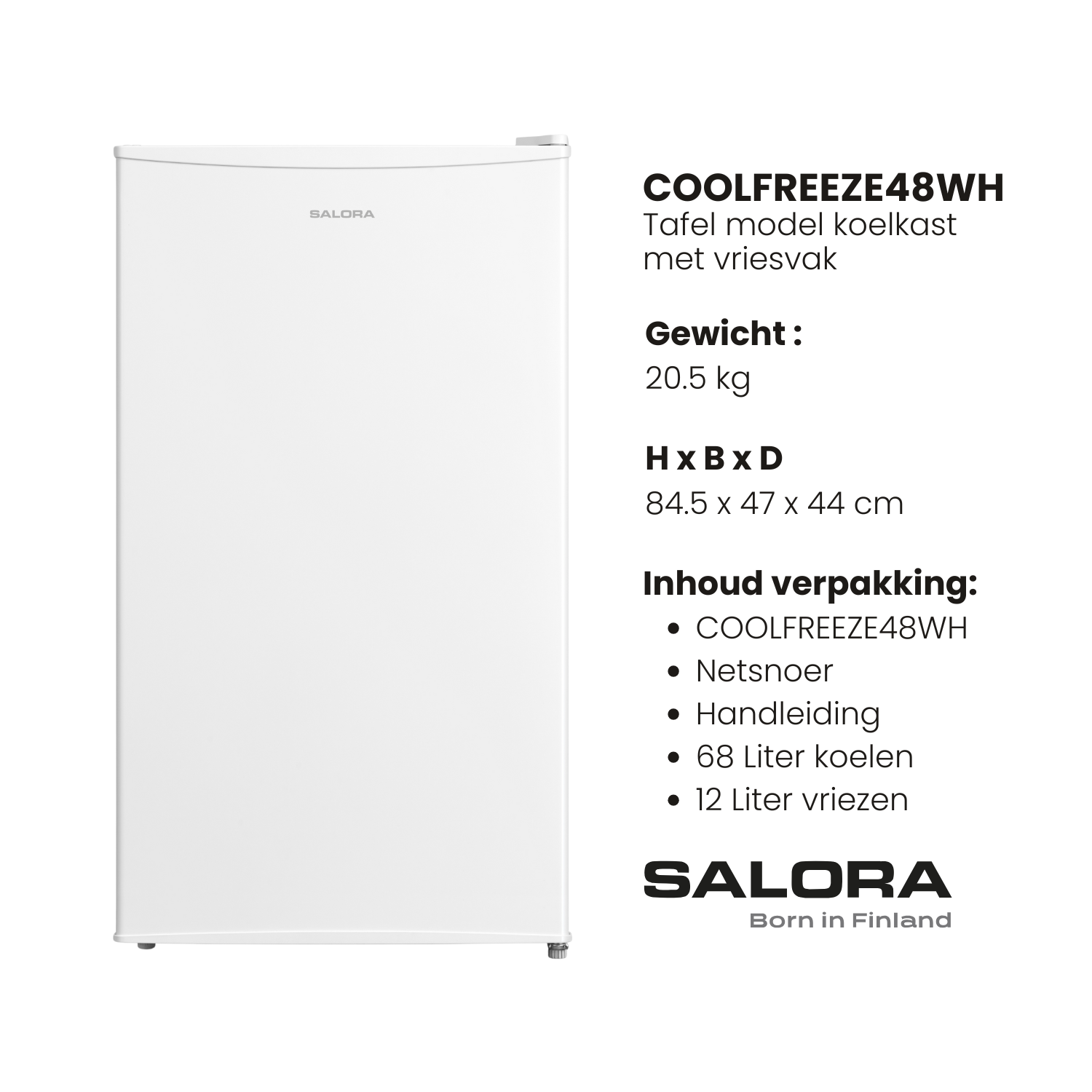 A white mini-fridge with the brand Salora. Text on the right details its specifications and package contents.