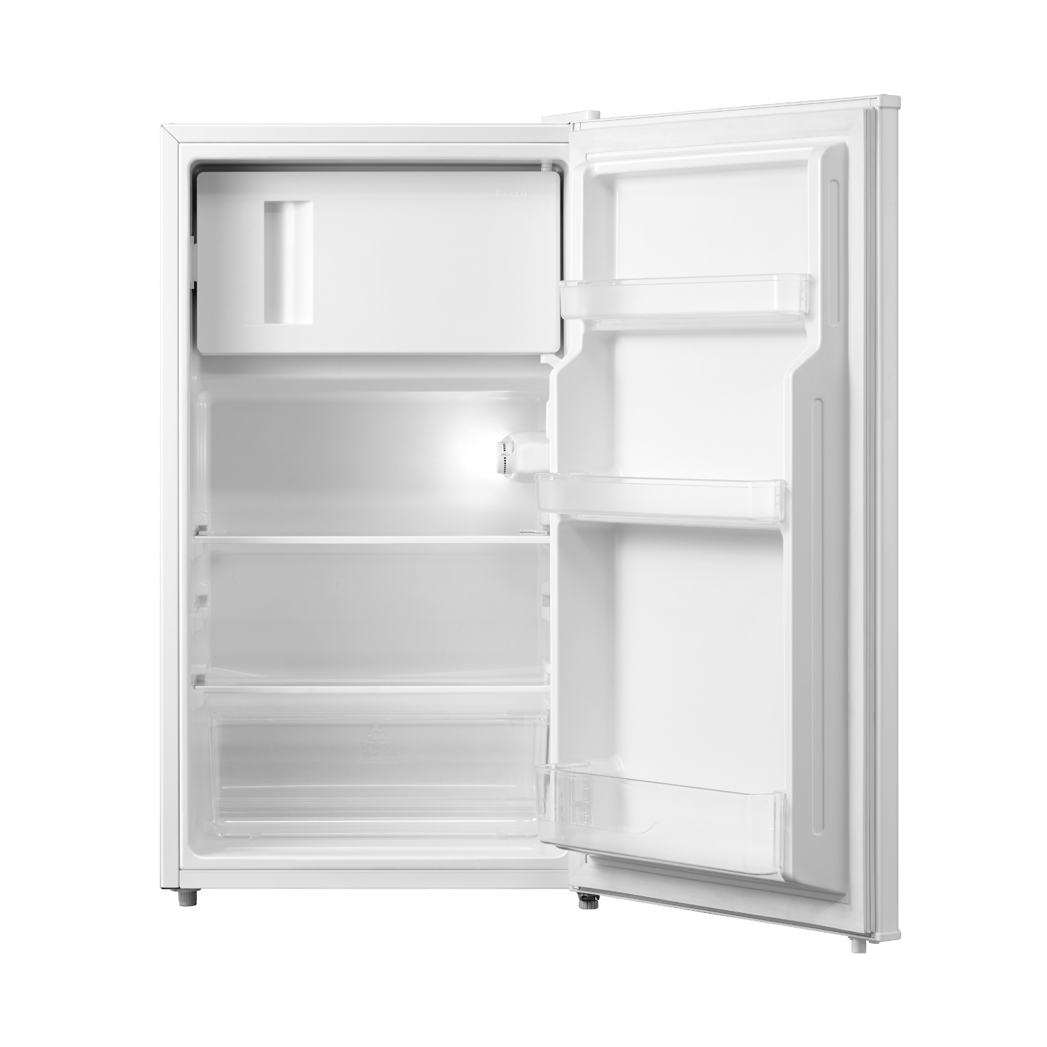 An open, empty, white refrigerator. Shelves are visible inside. The door is ajar to the right. The background is white.